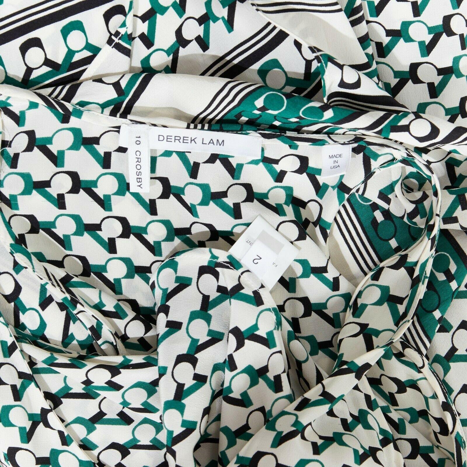 DEREK LAM 100% silk green geometric print button front tie scarf maxi dress US2 3