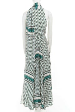 Greene & Greene LAM 100% soie verte imprimé géométrique robe maxi à nouer sur le devant US2