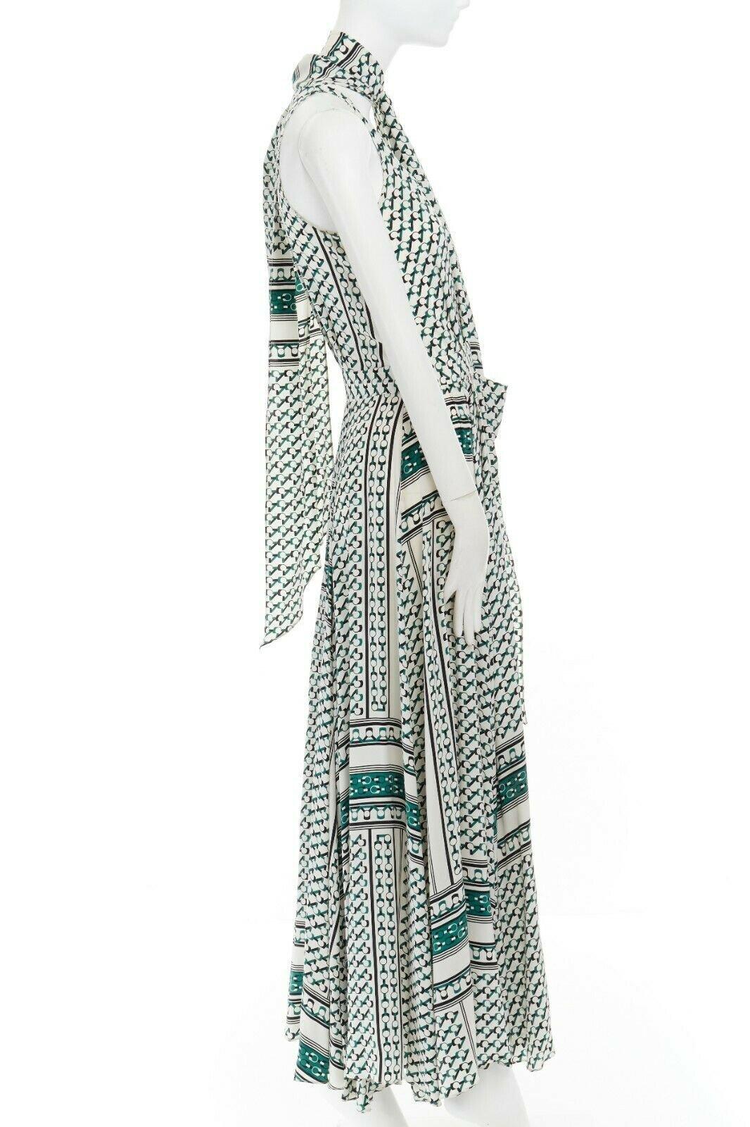 Gray DEREK LAM 100% silk green geometric print button front tie scarf maxi dress US2