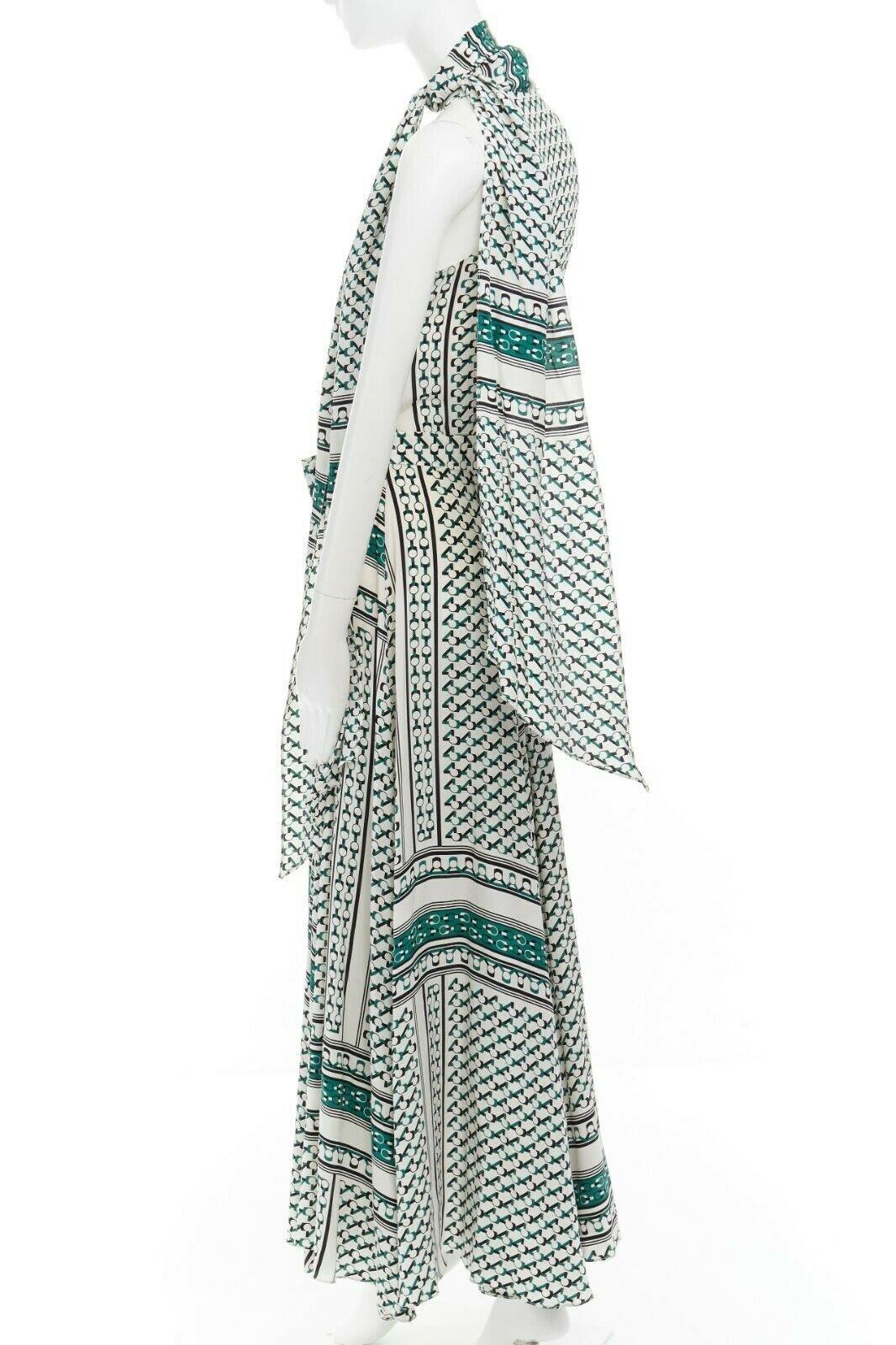 DEREK LAM 100% silk green geometric print button front tie scarf maxi dress US2 In Fair Condition In Hong Kong, NT