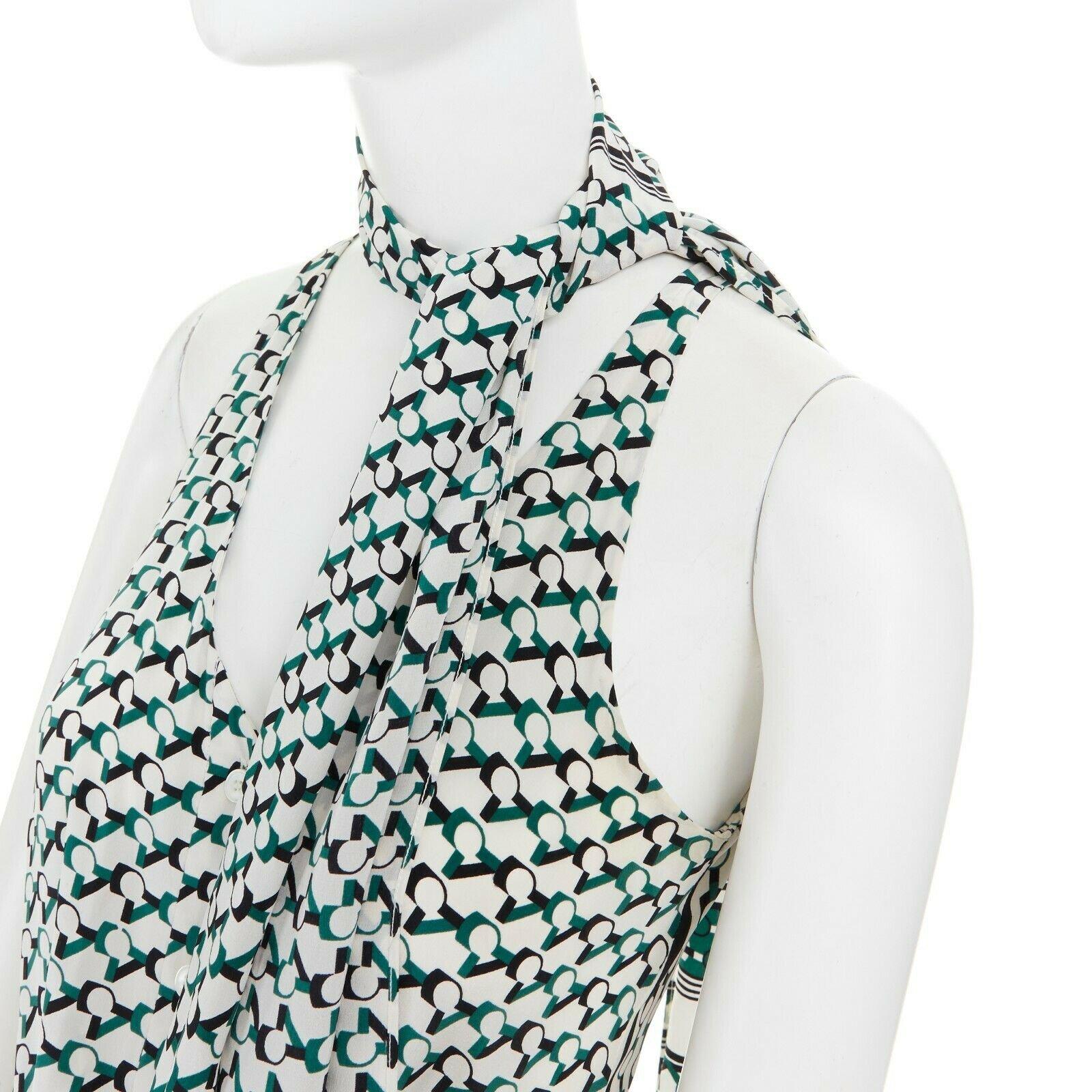 Women's DEREK LAM 100% silk green geometric print button front tie scarf maxi dress US2