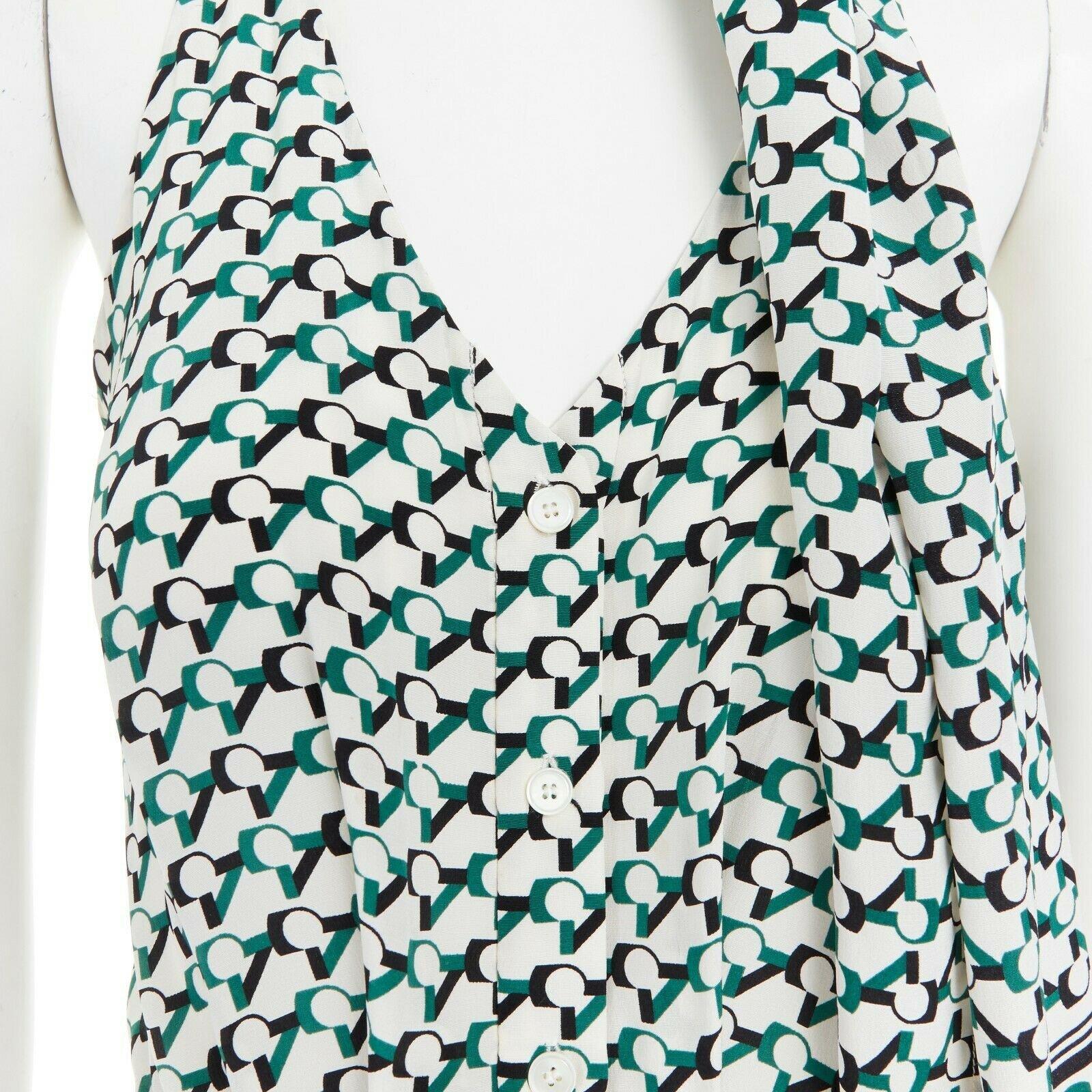 DEREK LAM 100% silk green geometric print button front tie scarf maxi dress US2 1