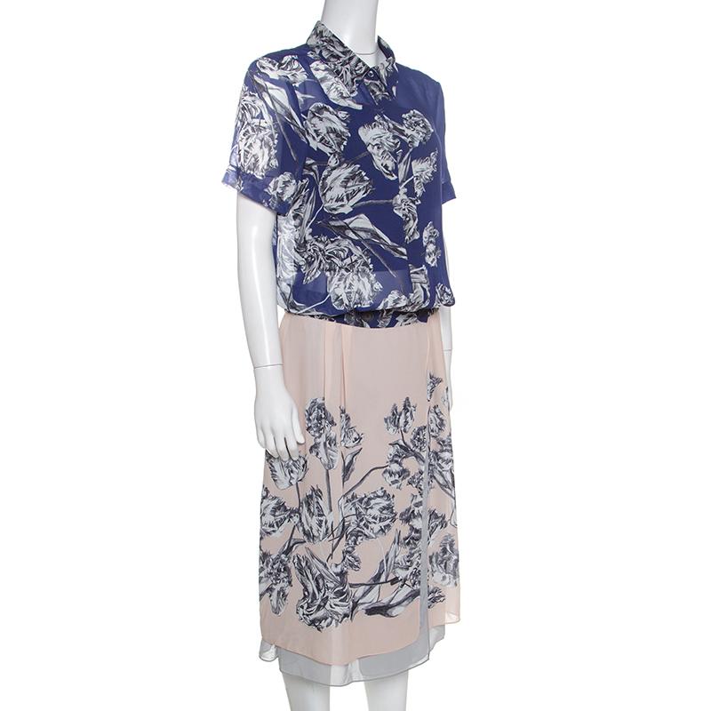 Gray Derek Lam Bicolor Floral Print Crepe Shirt Dress L