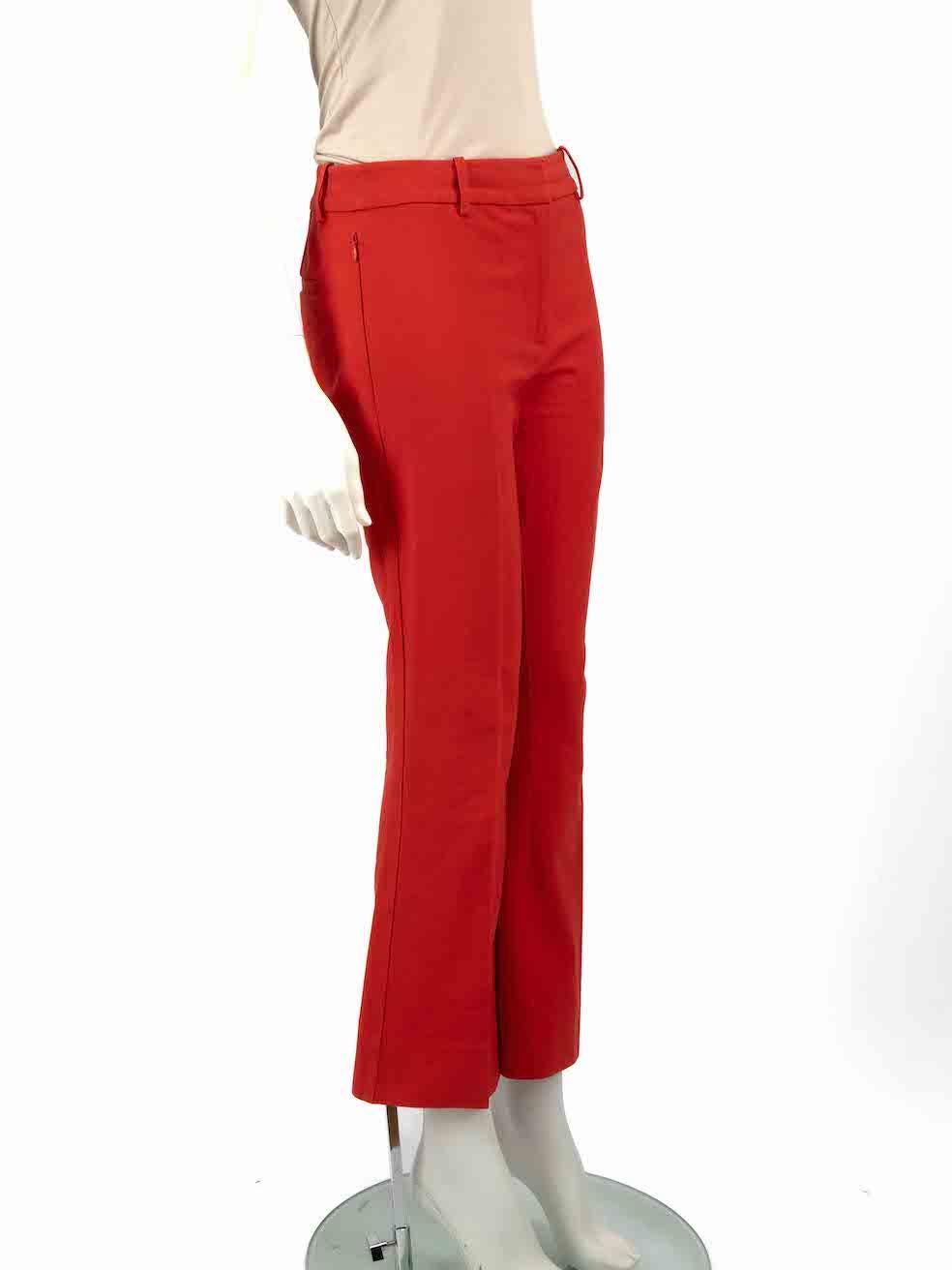 CONDITION is Good. Minor wear to trousers is evident. Light discolouration to front and back waistband as well as both leg hem on this used Derek Lam 10 Crosby designer resale item.
 
 
 
 Details
 
 
 Red
 
 Cotton
 
 Trousers
 
 Flared
 
 Mid