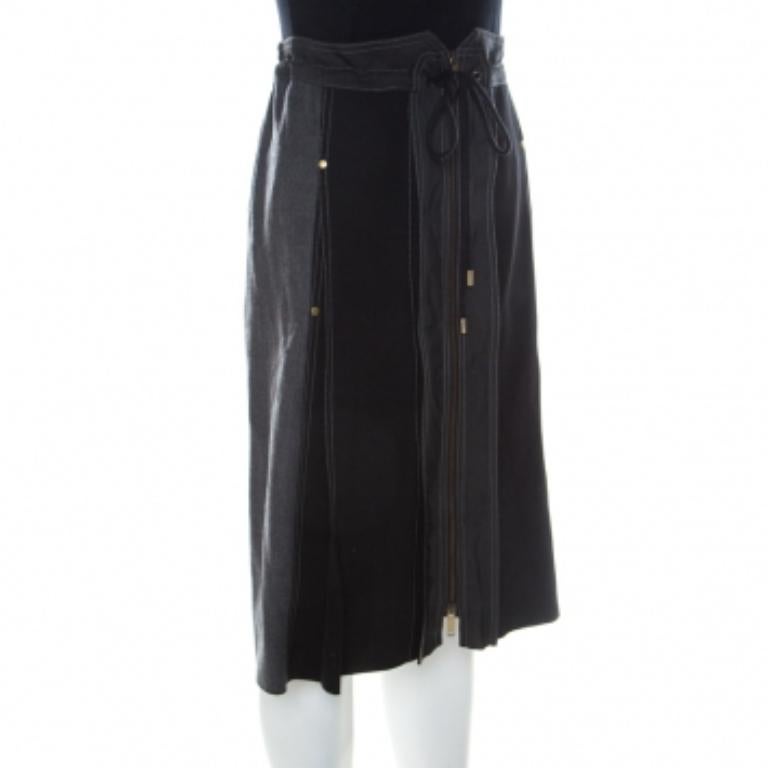 Derek Lam Grey & Black Silk Blend & Wool Front Zip Paneled Skirt L Excellent état - En vente à Dubai, Al Qouz 2