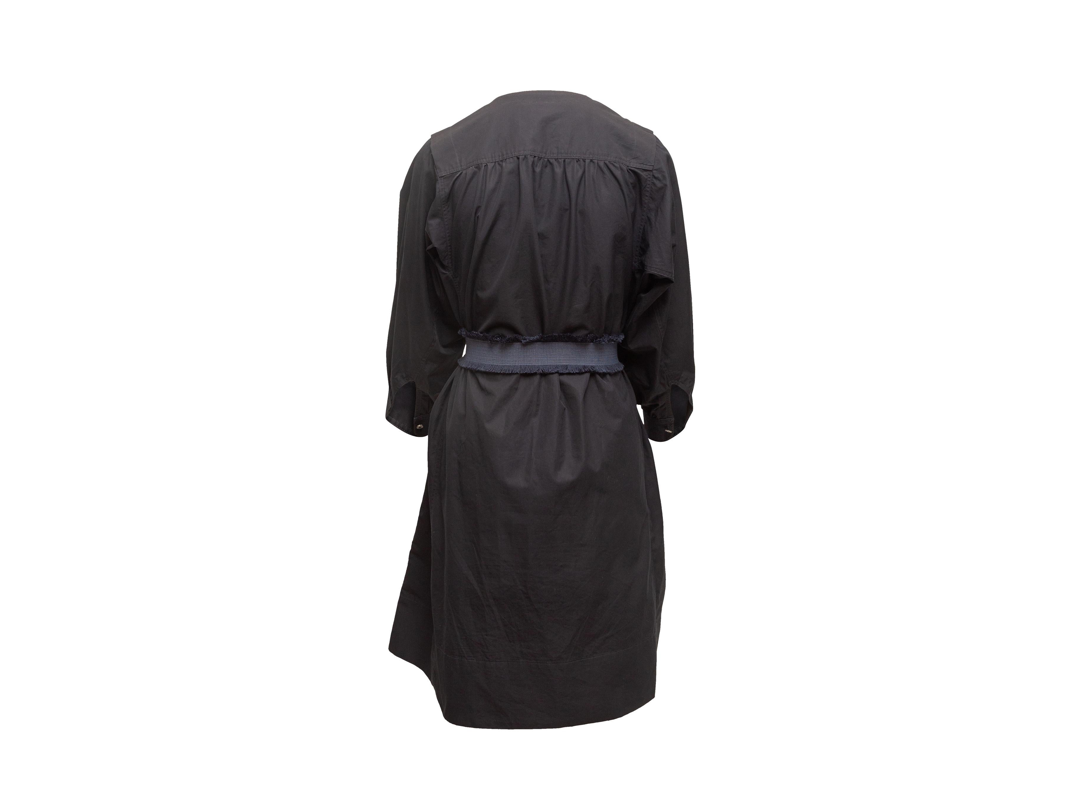 Product details: Navy cotton long sleeve dress by Derek Lam. Crew neck. Belt at waist. 32
