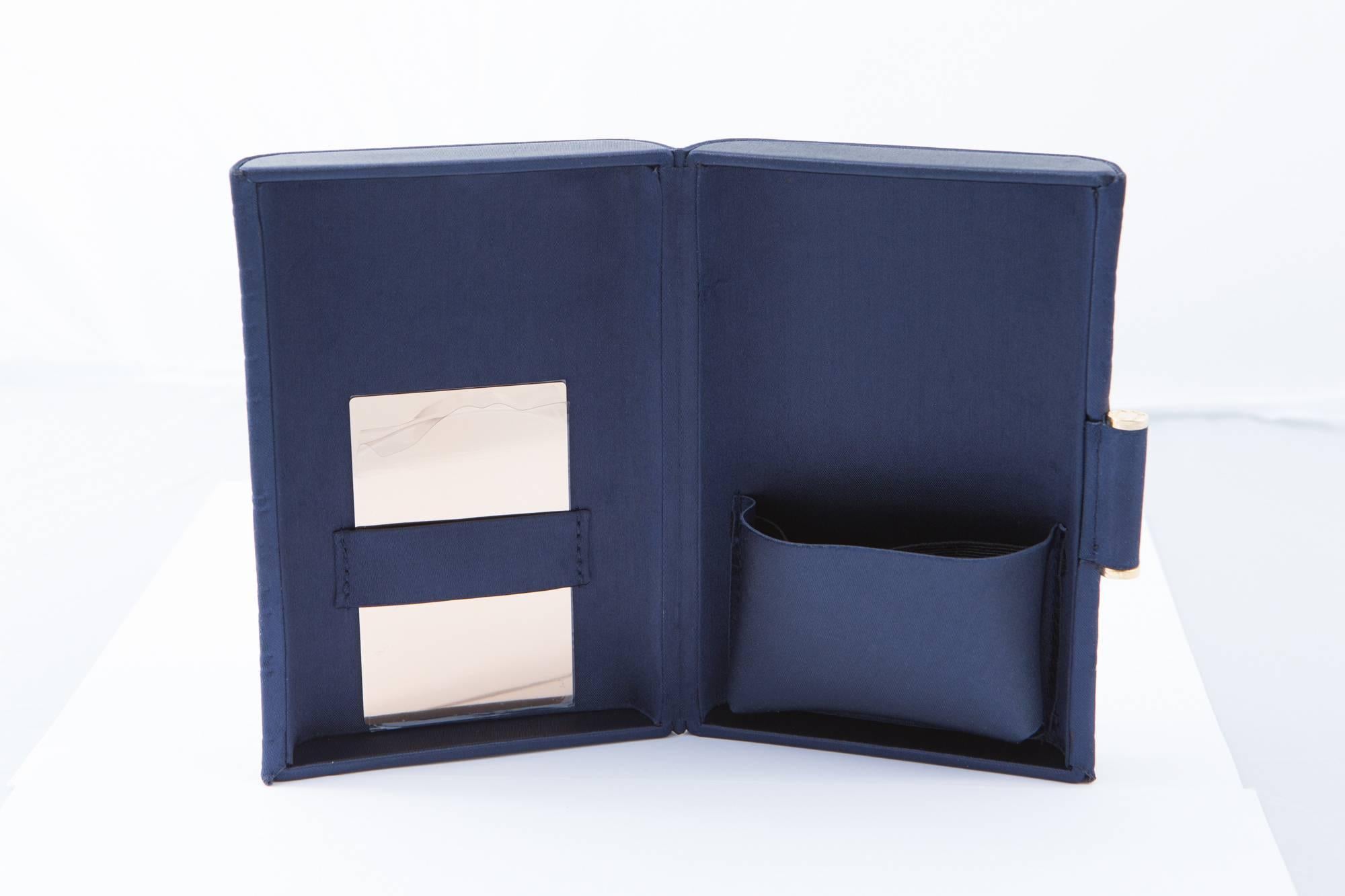 navy satin clutch