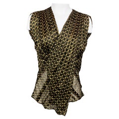 DEREK LAM Size 0 Black & Gold Windowpane Silk Draped V-neck Blouse