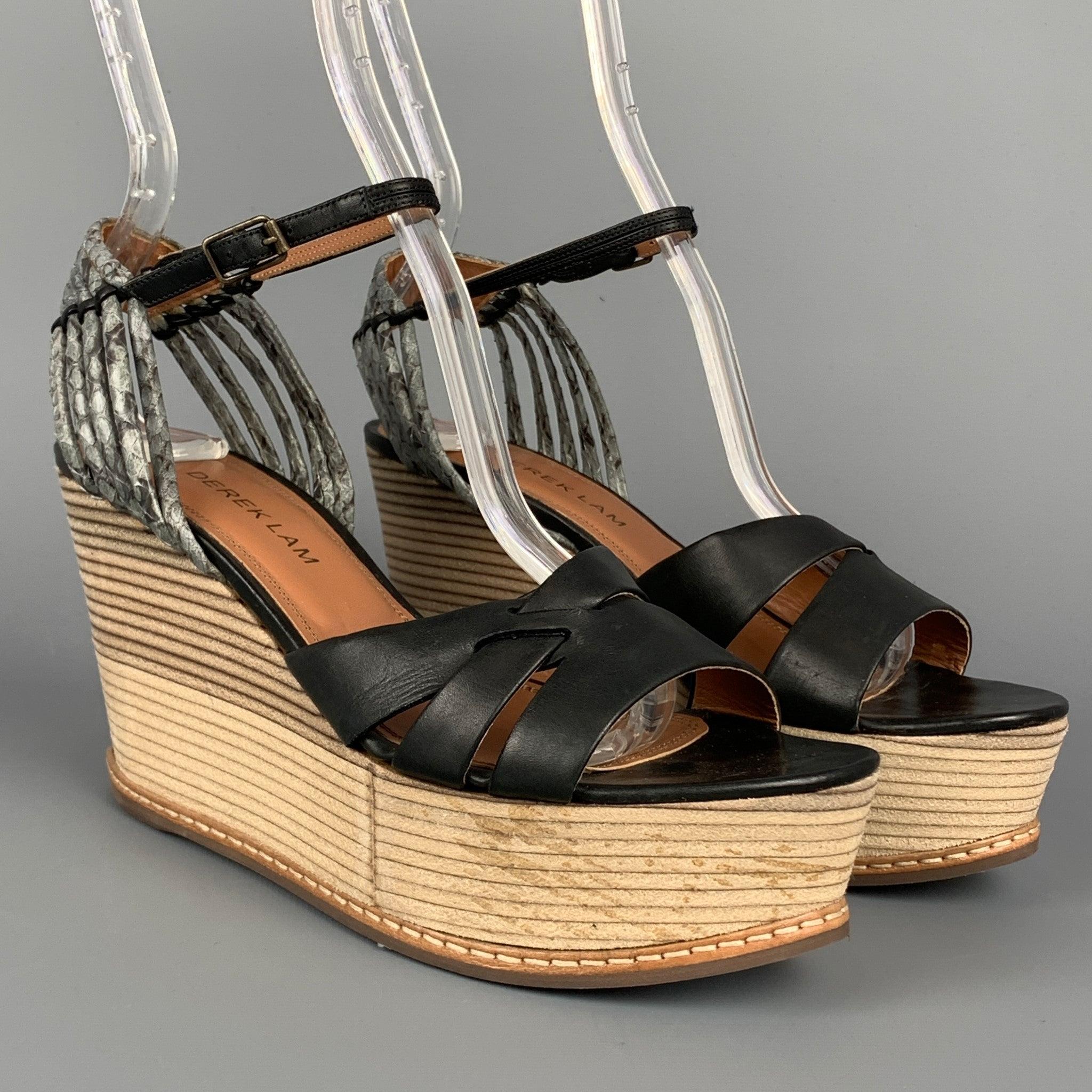 DEREK LAM sandals comes in a black & tan leather featuring a ankle strap and a wooden wedge heel. Made in Italy.Very Good
Pre-Owned Condition. 

Marked:   EU 36 

Measurements: 
  Heel: 3.5 inches  Platform: 1.25 inches 
  
  
 
Reference: