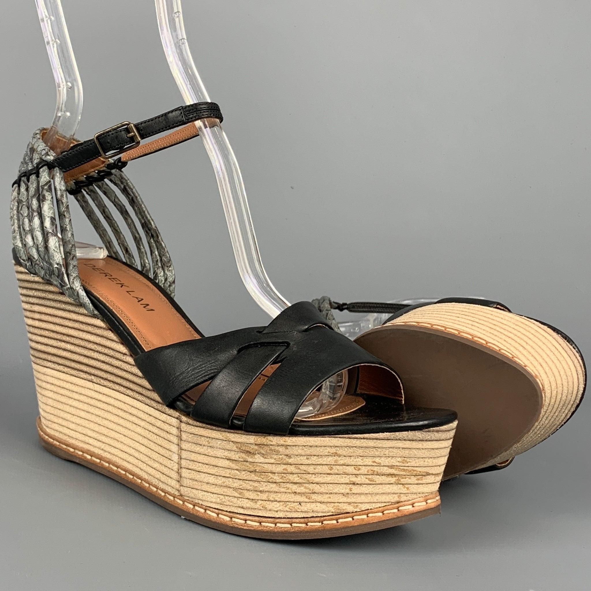 DEREK LAM Size 6 Black & Tan Leather Wood Wedge Sandals In Good Condition For Sale In San Francisco, CA