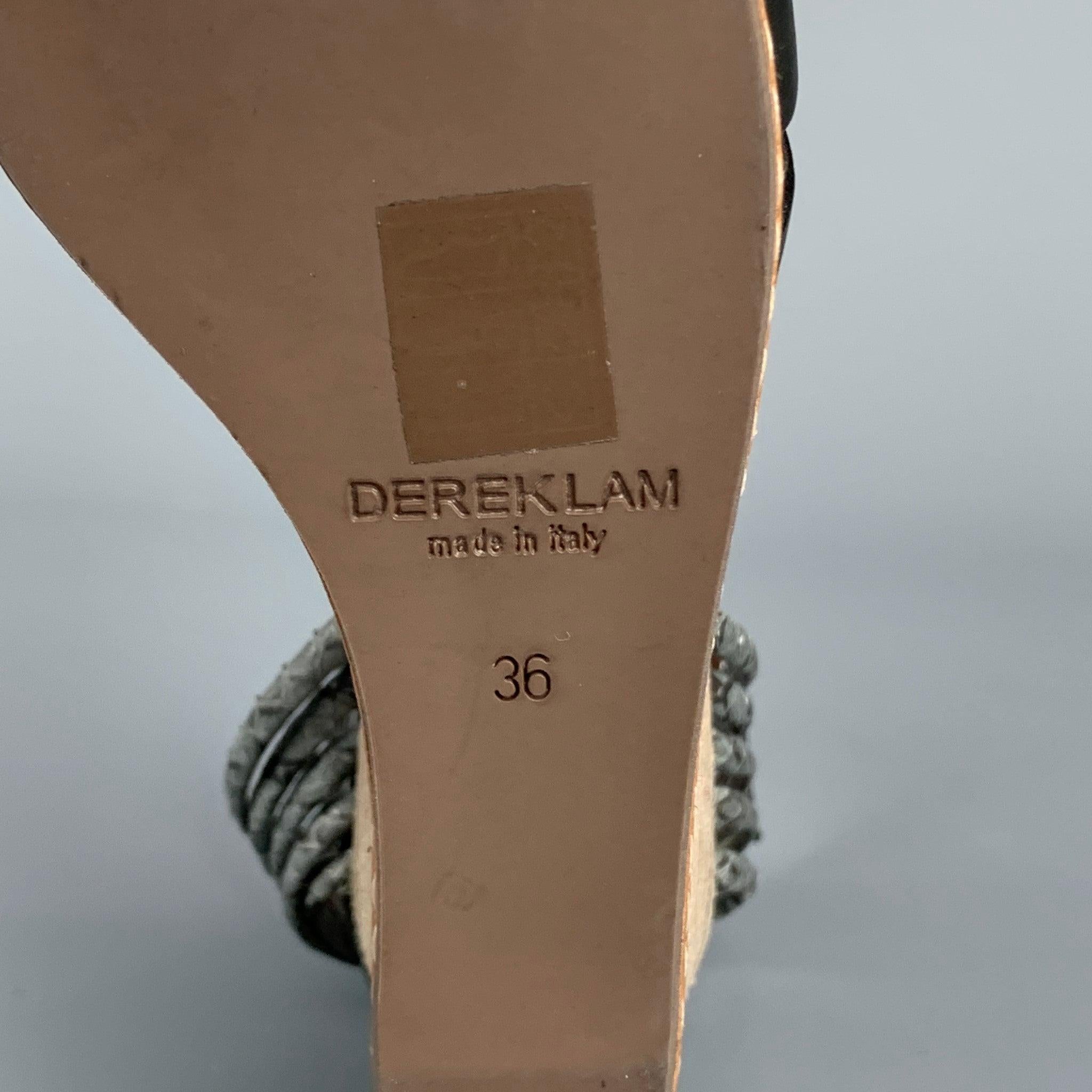 DEREK LAM Size 6 Black & Tan Leather Wood Wedge Sandals For Sale 3