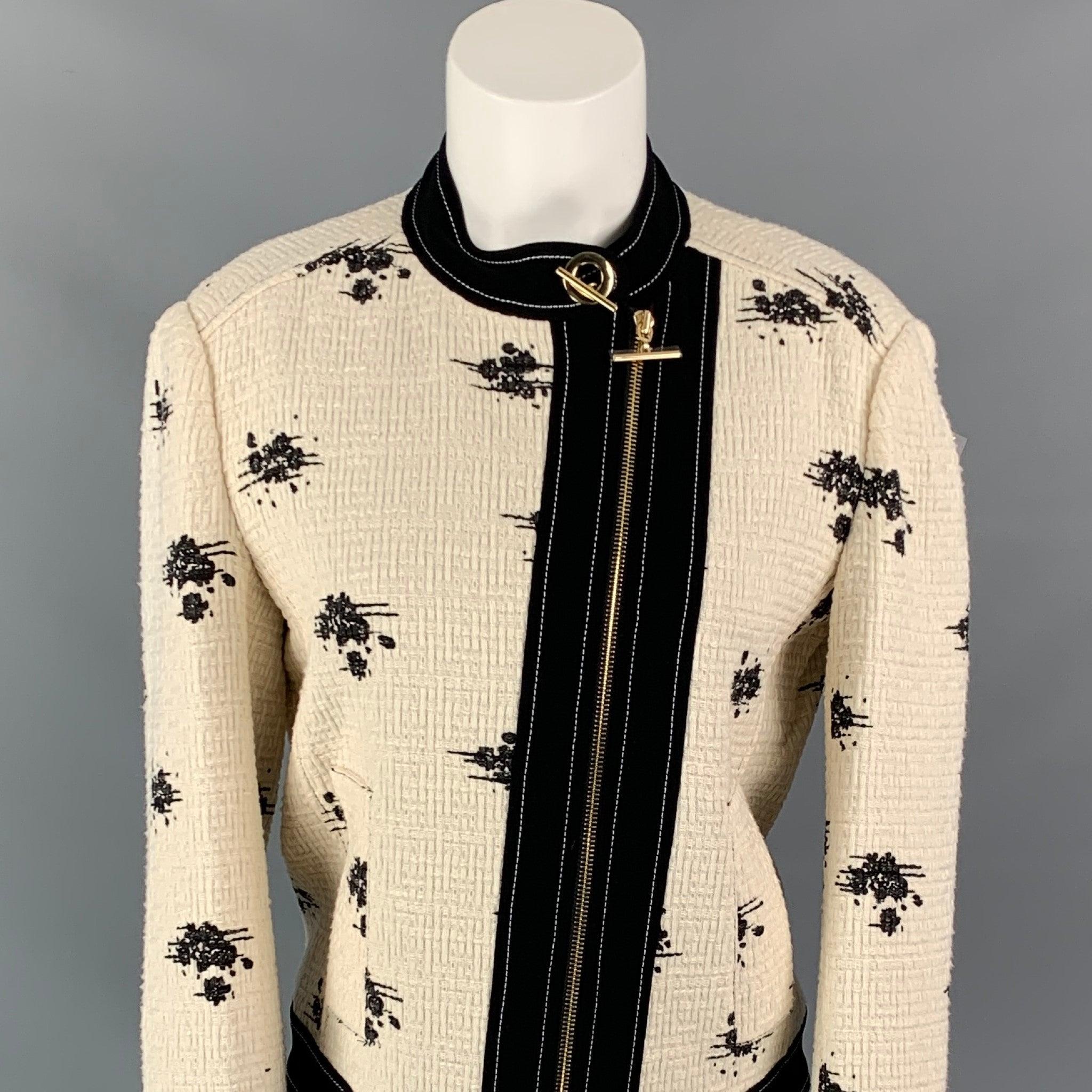 DEREK LAM jacket comes in white & black marbled boucle cotton featuring gold tone hardware, contrast stitching, slit pockets, and a full zip closure.
New With Tags.
 

Marked:   6 

Measurements: 
 
Shoulder: 16.5 inches  Bust: 38 inches  Sleeve: