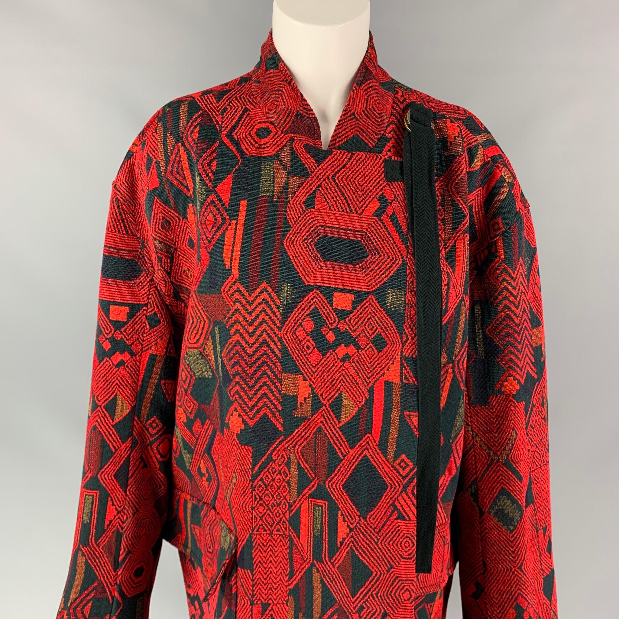 DEREK LAM coat comes in a red & black geometric print acrylic blend with a full liner featuring a collarless style, front strap detail, flap pockets, and a buttoned closure. 

Very Good Pre-Owned Condition.
Marked: 6

Measurements:

Shoulder: 22.5