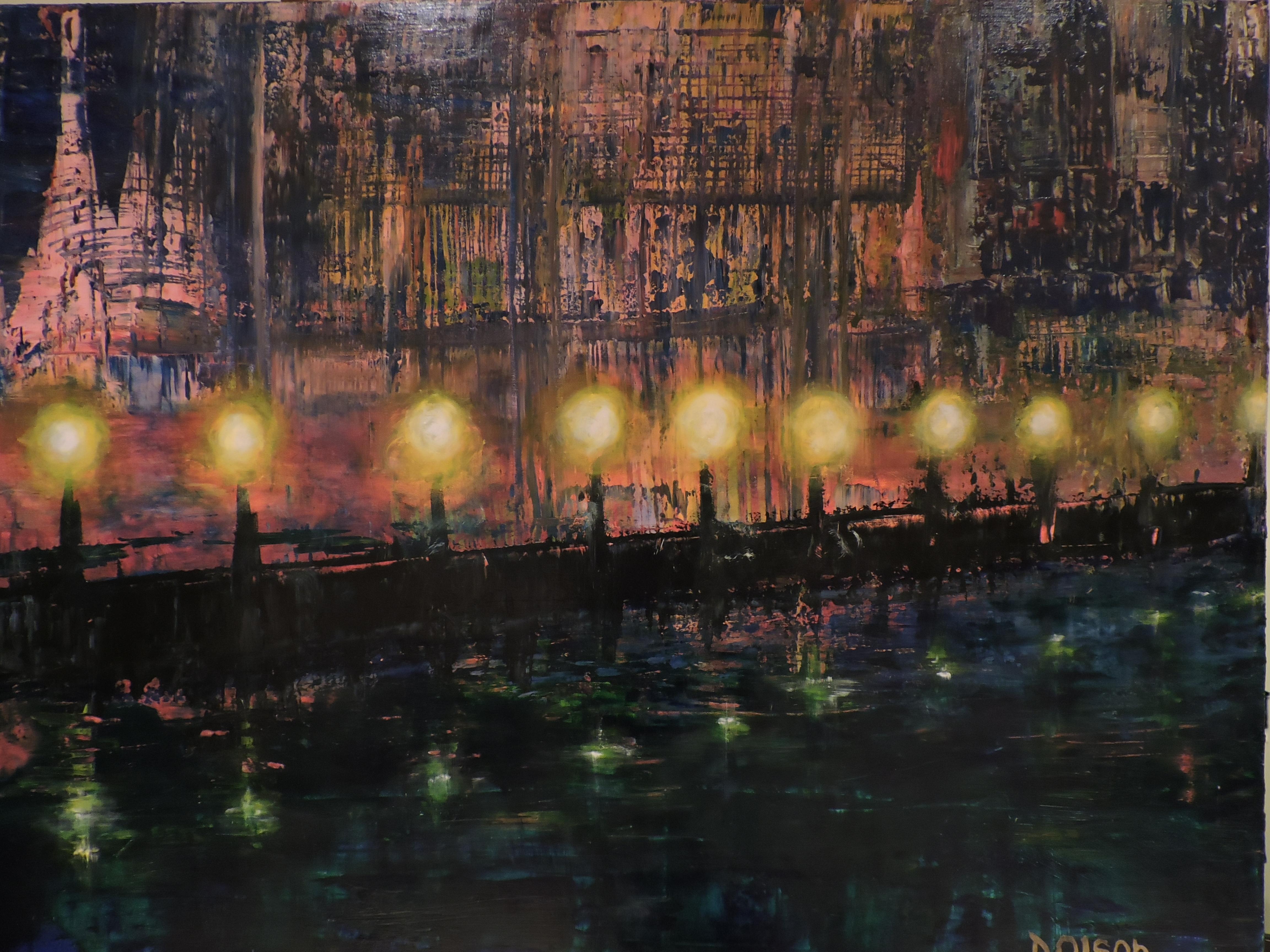 This is an impressionistic river scene at night. :: Painting :: Romanticism :: This piece comes with an official certificate of authenticity signed by the artist :: Ready to Hang: Yes :: Signed: Yes :: Signature Location: lower right :: Canvas ::