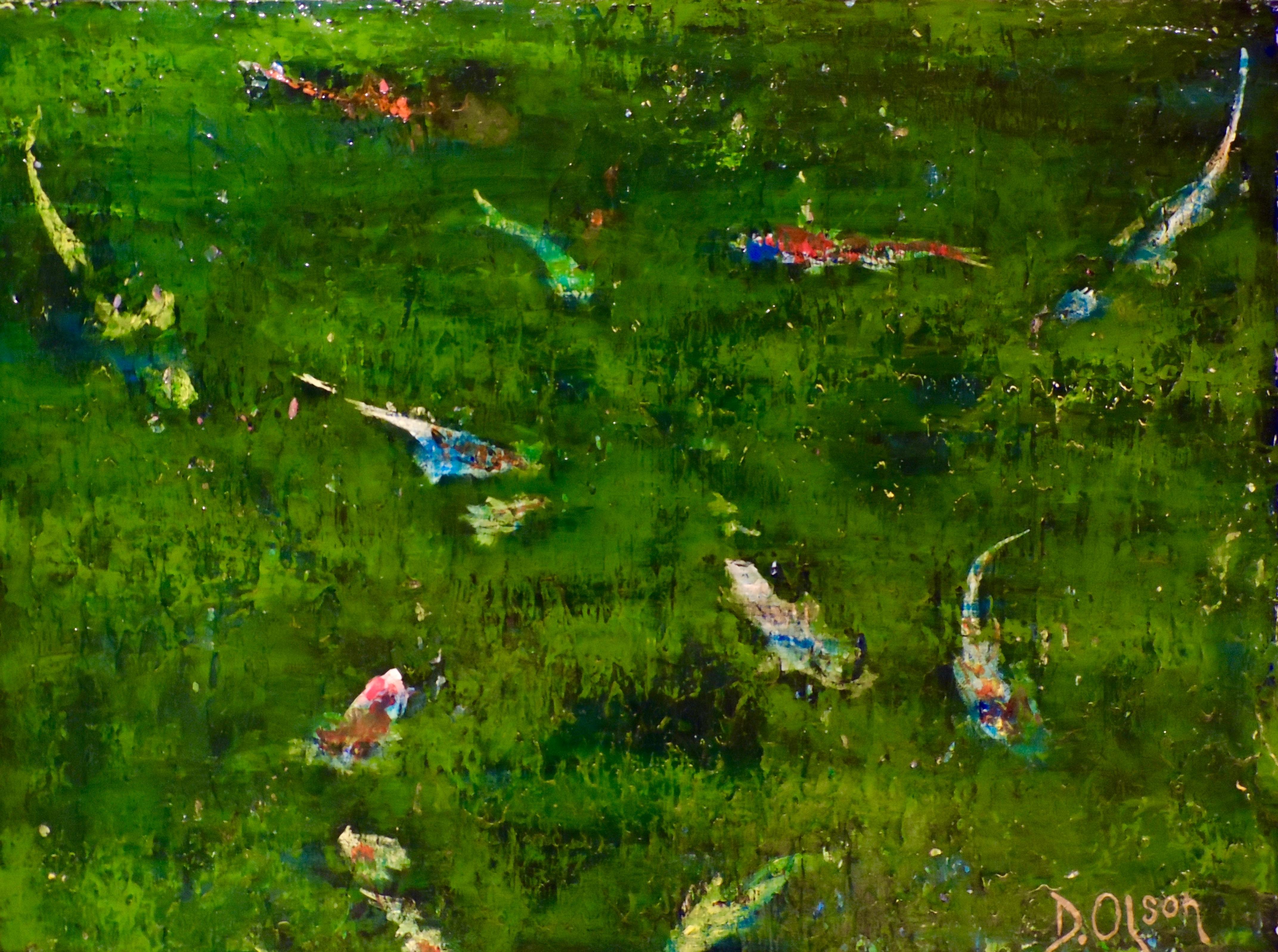 An overgrown pond full of fish :: Painting :: Impressionist :: This piece comes with an official certificate of authenticity signed by the artist :: Ready to Hang: Yes :: Signed: Yes :: Signature Location: lower right :: Canvas :: Landscape ::