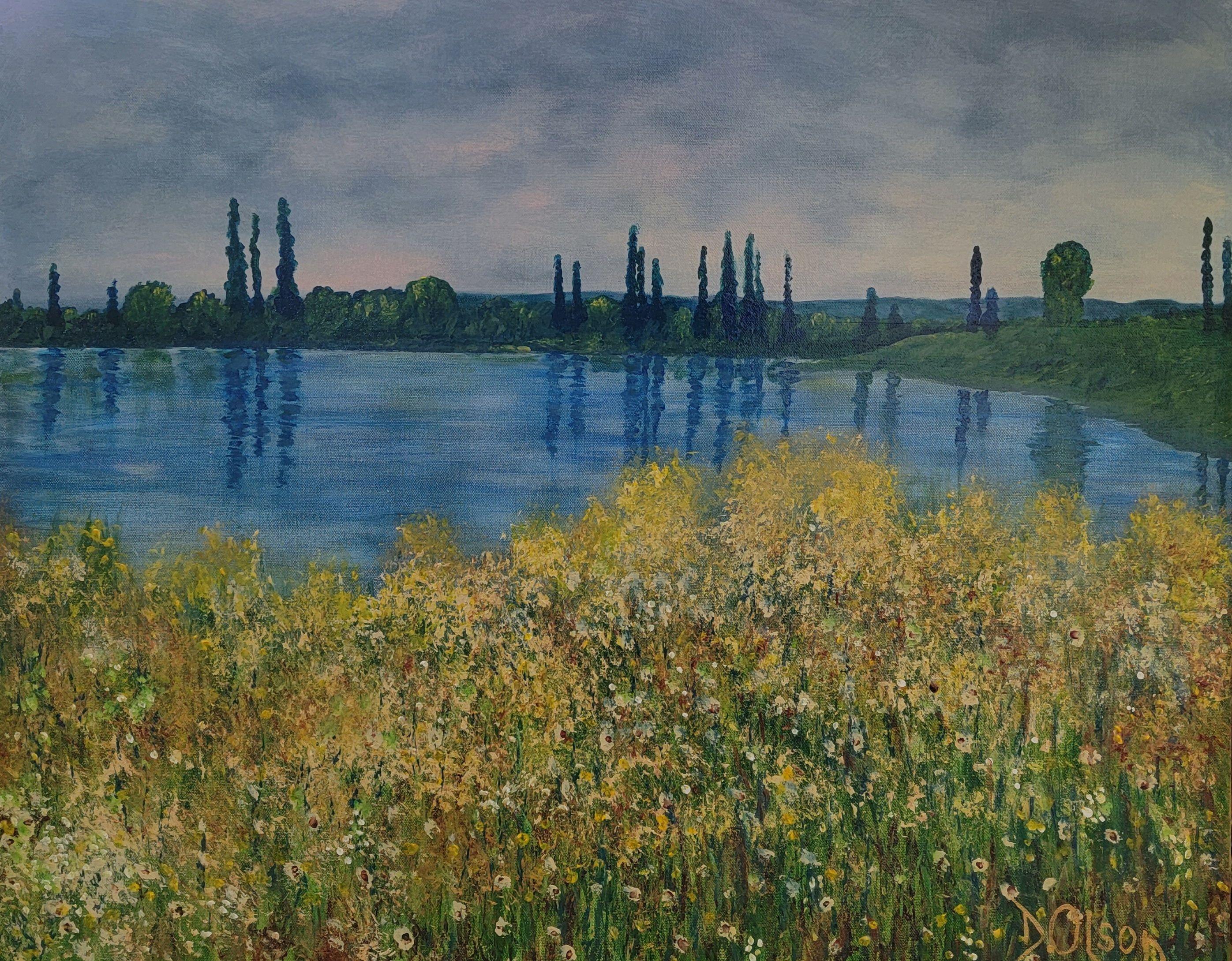 Fiori selvatici con vista sul lago, Pittura, Acrilico su tela - Painting di Derek Olson