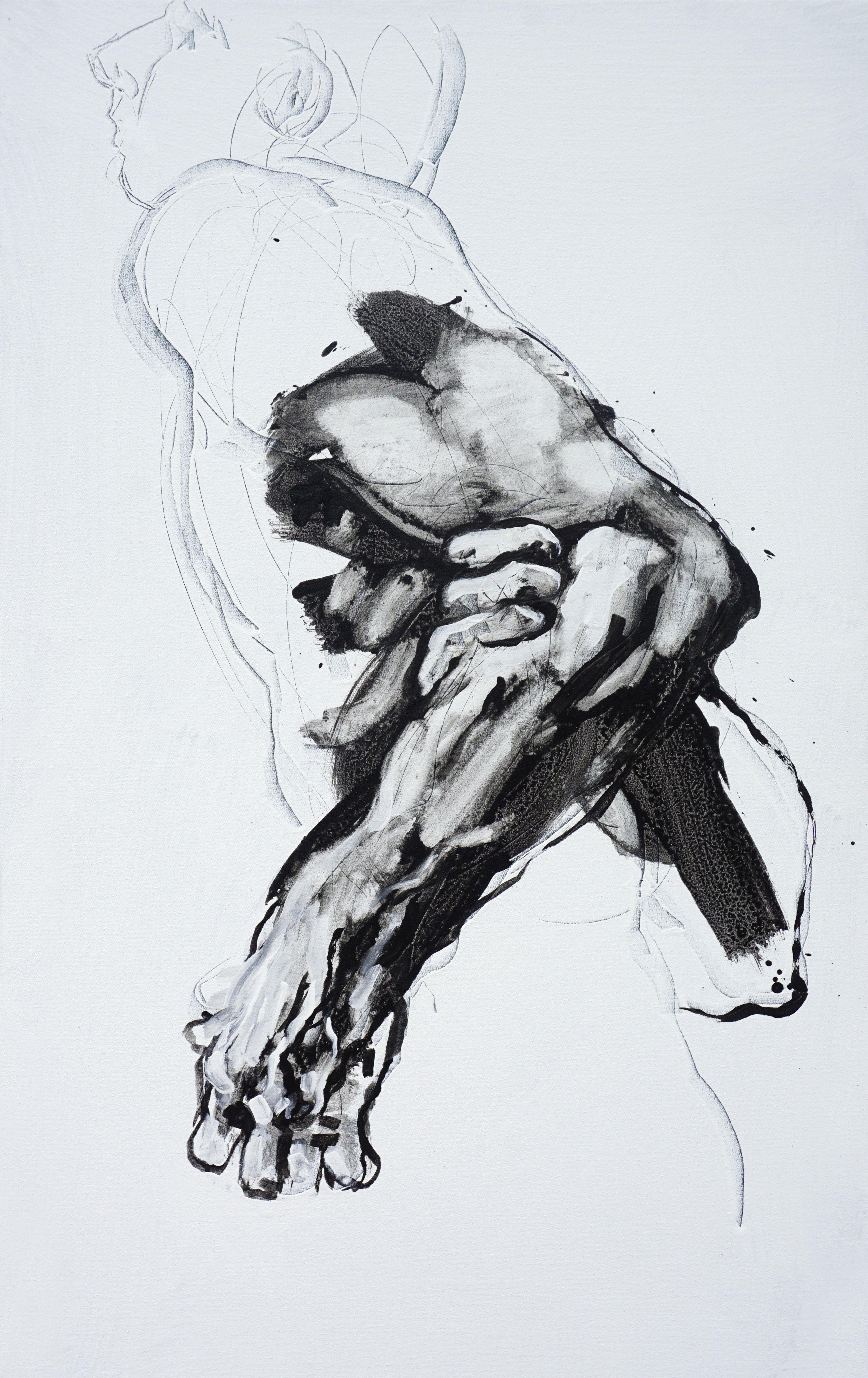Uomo, prigioniero, Pittura, Acrilico su tela - Painting di Derek Overfield