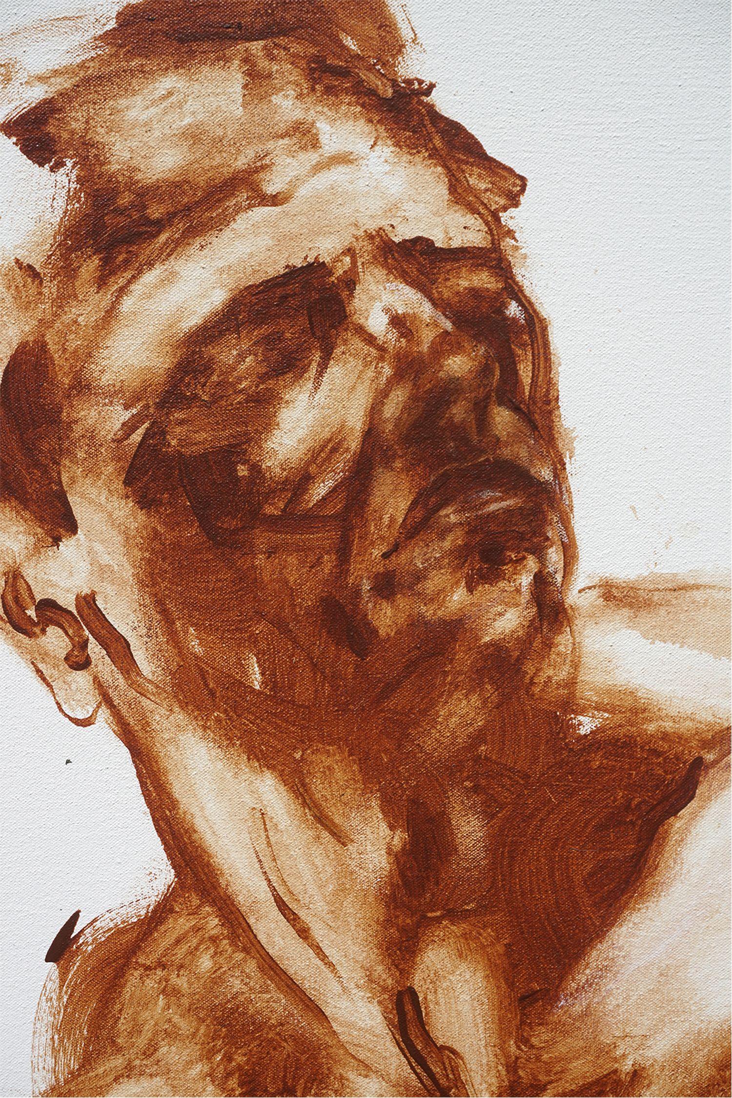 Ritratto di un uomo che si tiene il braccio, Pittura, Acrilico su tela in vendita 1
