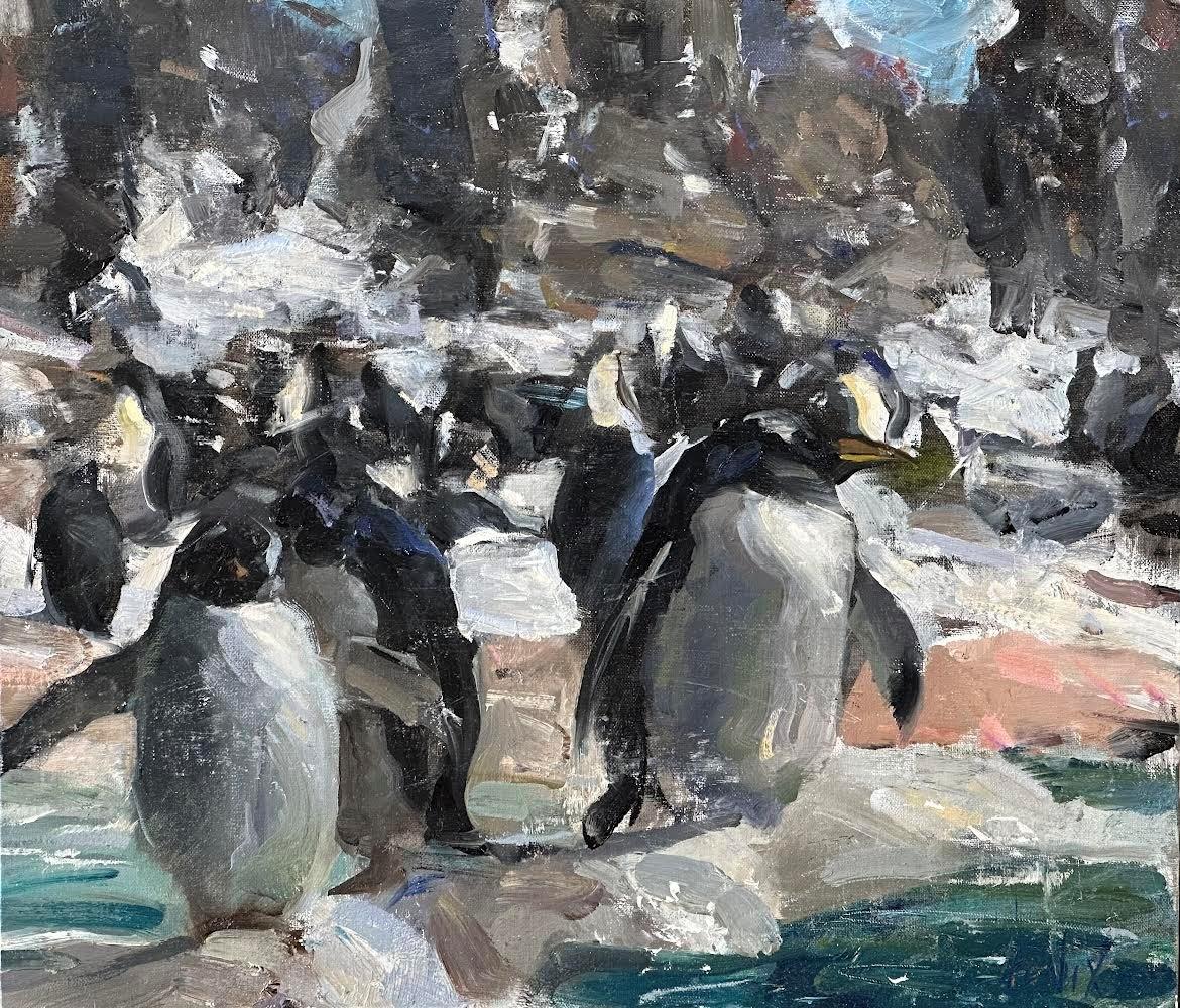 Derek Penix Figurative Painting - "Penguins" Oil Painting