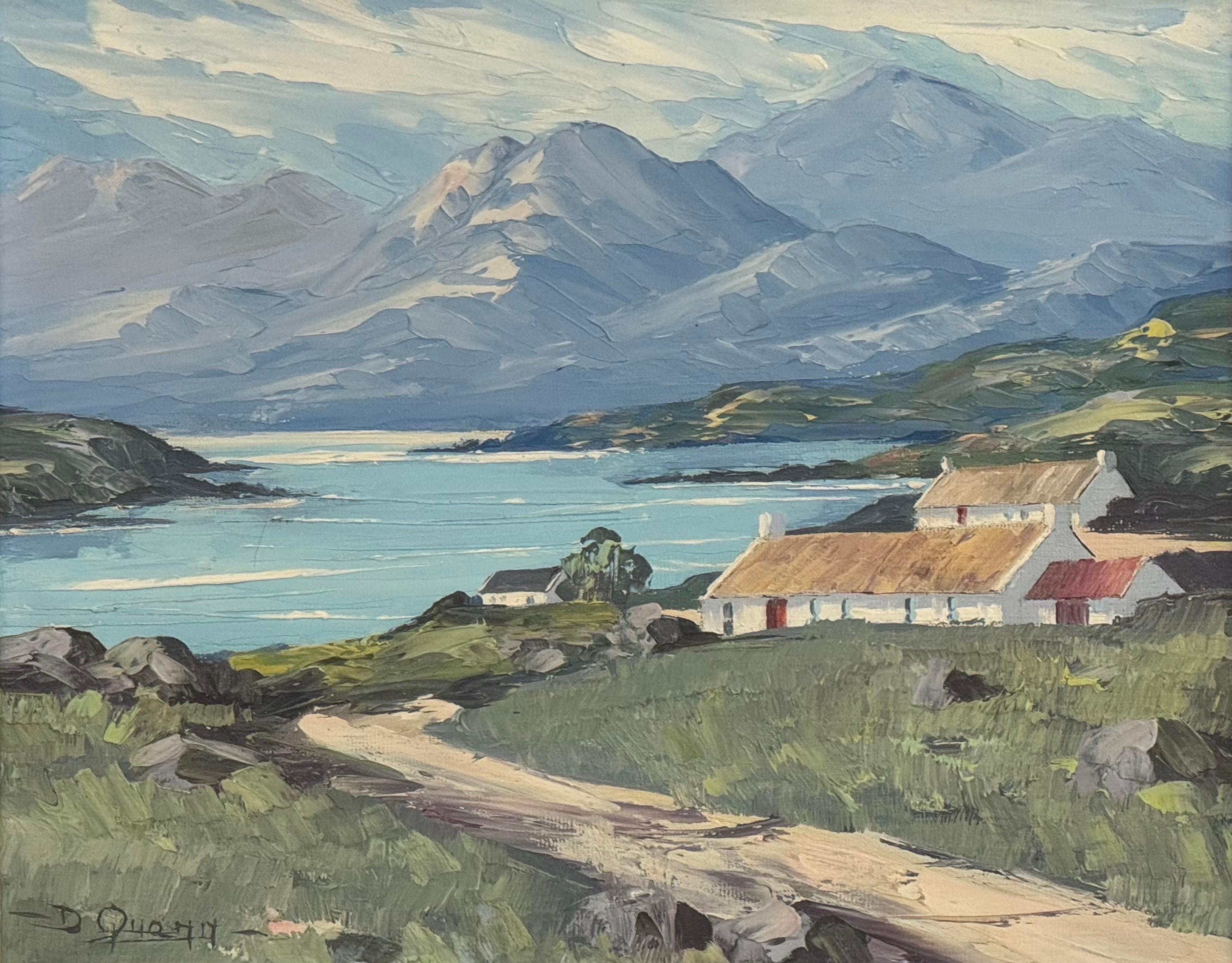 Kleine Häuschen an einem See in den Bergen an der Antrim-Küste in Irland – Painting von Derek Quann