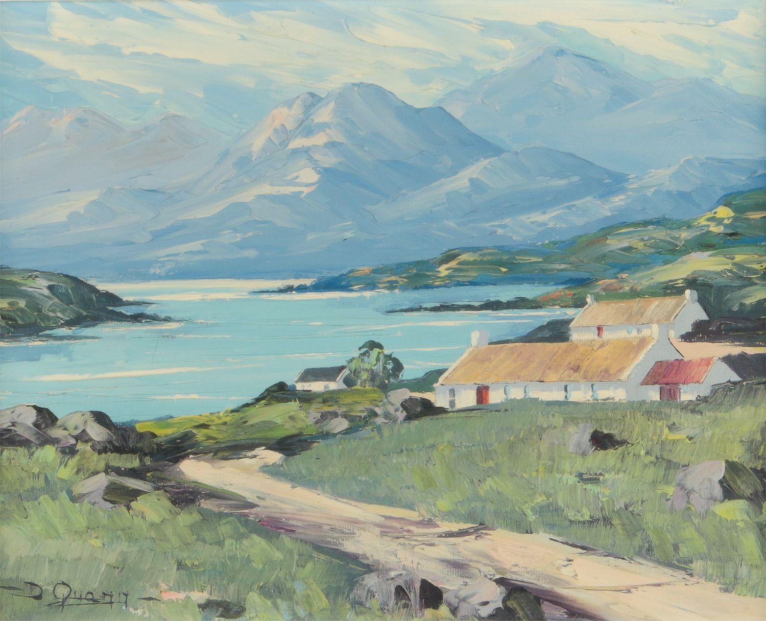 Kleine Häuschen an einem See in den Bergen an der Antrim-Küste in Irland (Beige), Still-Life Painting, von Derek Quann