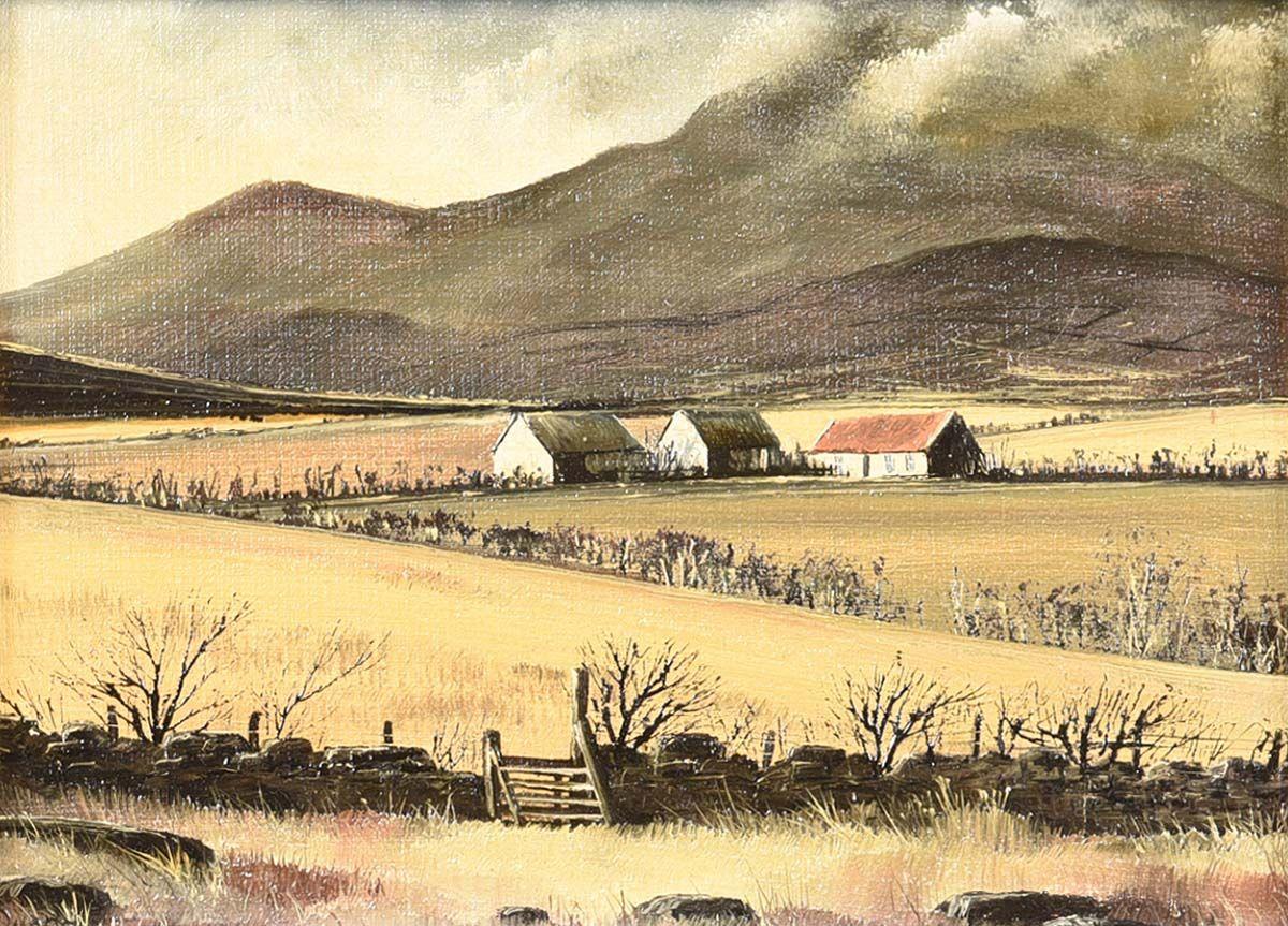 Small Oil Painting of Cottages in the Mournes in Ireland by Contemporary Artist - Beige Still-Life Painting by Derek Quann