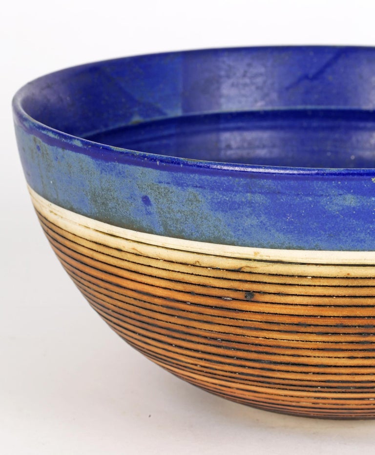 Derek Smith Blackfriars Linear Pattern Blue Glazed Studio Pottery Bowl For Sale 6