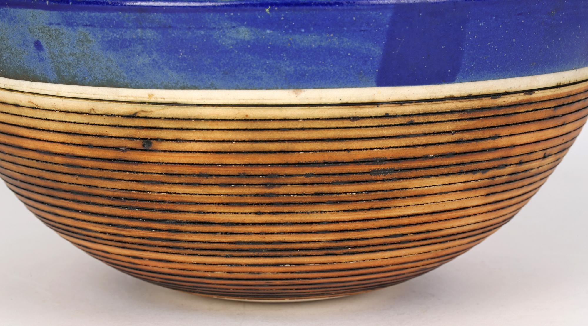 Derek Smith Blackfriars Linear Pattern Blue Glazed Studio Pottery Bowl 7