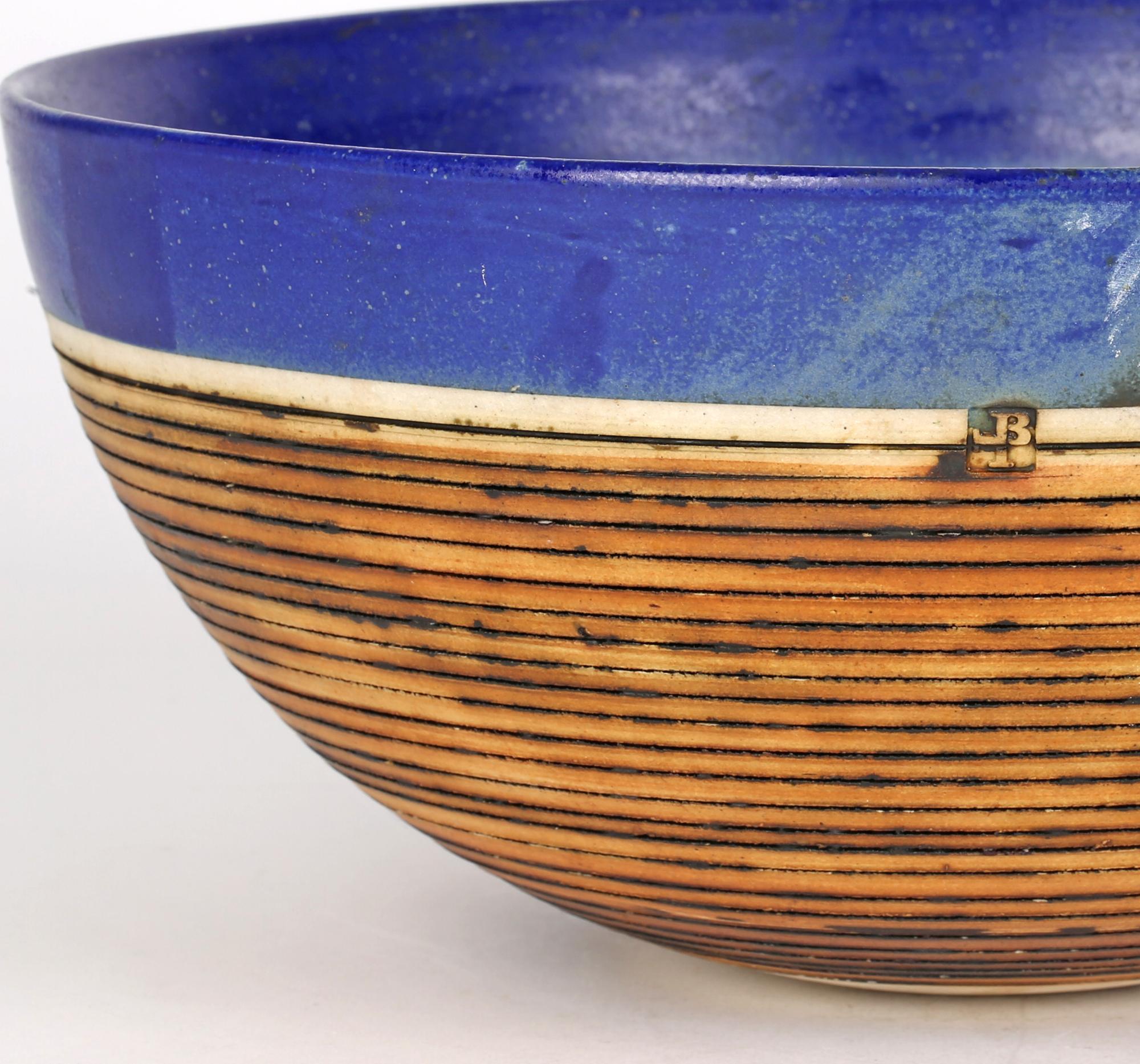 English Derek Smith Blackfriars Linear Pattern Blue Glazed Studio Pottery Bowl
