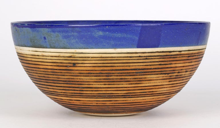 Clay Derek Smith Blackfriars Linear Pattern Blue Glazed Studio Pottery Bowl For Sale