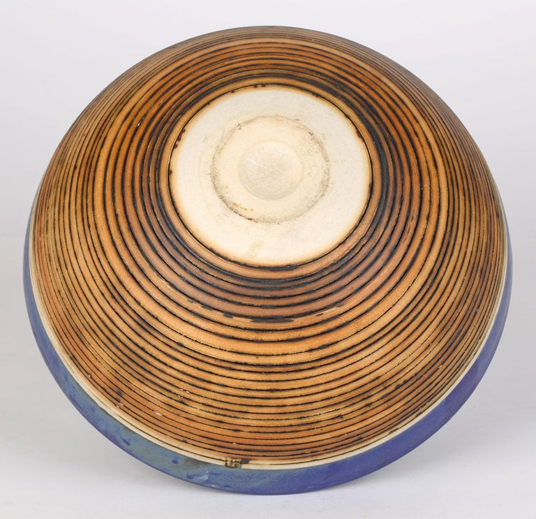 Derek Smith Blackfriars Linear Pattern Blue Glazed Studio Pottery Bowl For Sale 1
