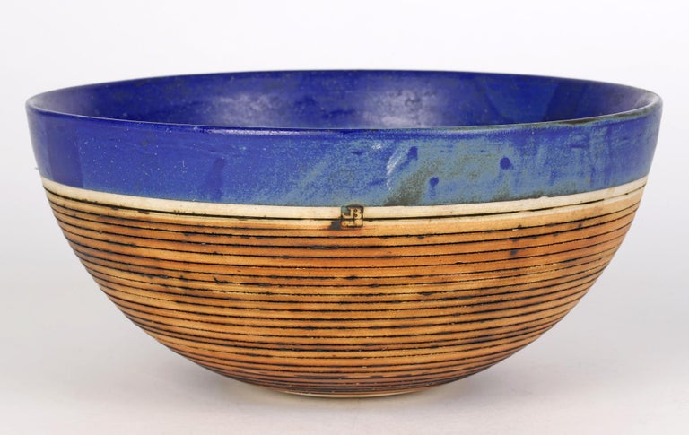 Derek Smith Blackfriars Linear Pattern Blue Glazed Studio Pottery Bowl For Sale 2