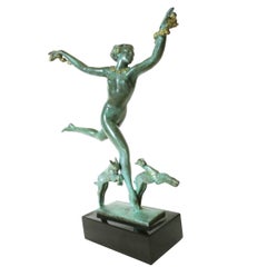 Derenne Style Art Deco Nude Dancing Nymph Bronze Statue with Black Marble