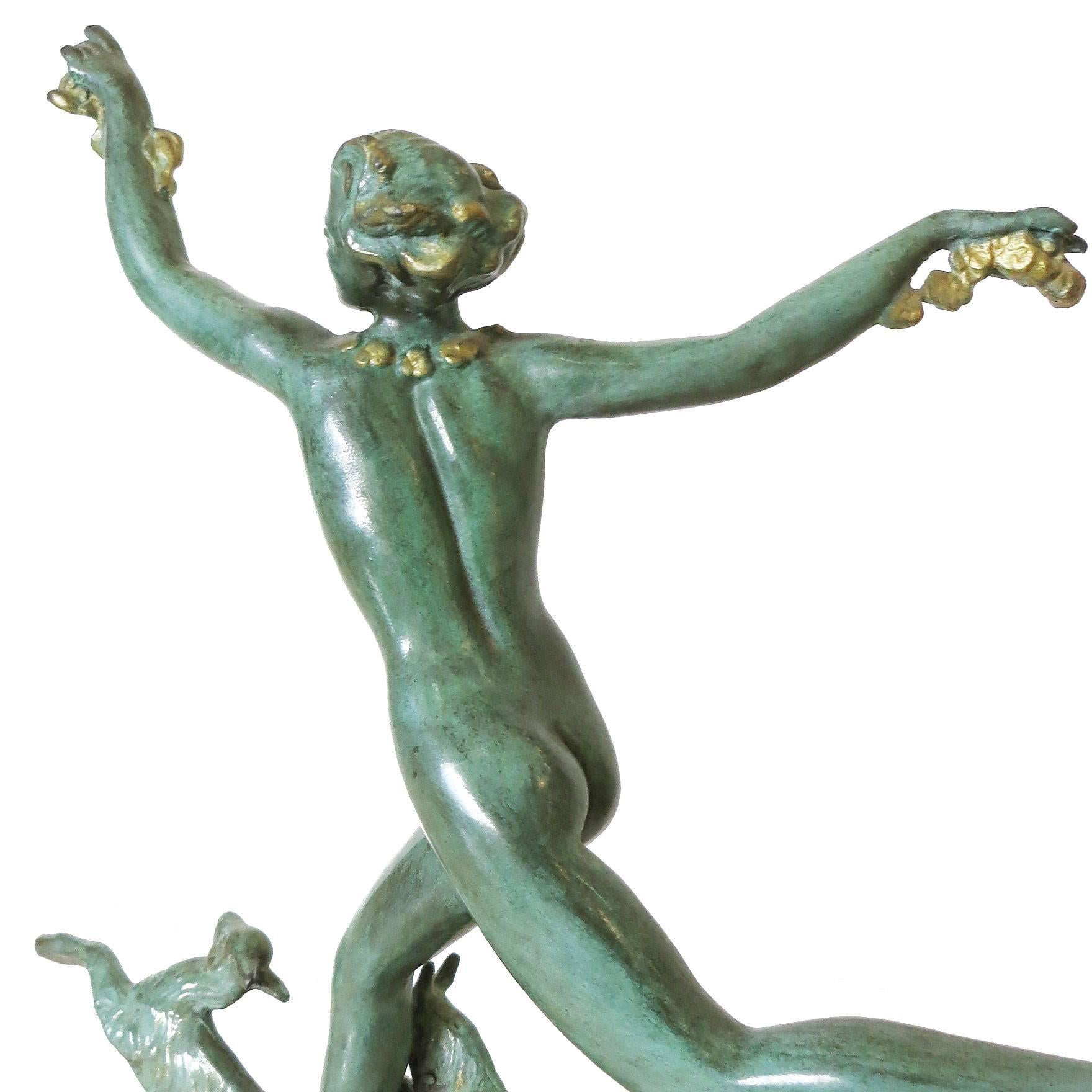 American Derenne Style Art Deco Nude Dancing Nymph Bronze Statue with Black Marble