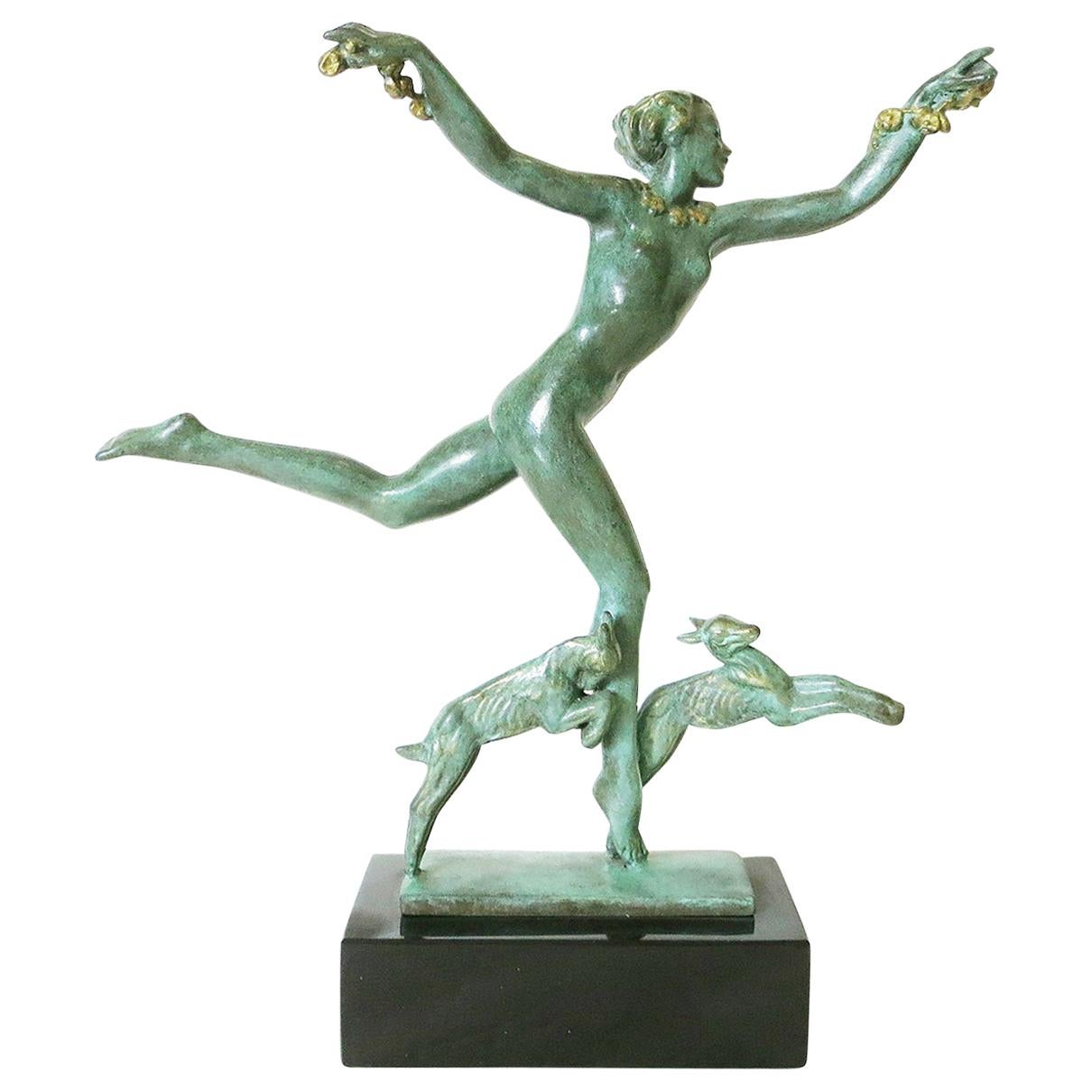 Derenne Style Art Deco Nude Dancing Nymph Bronze Statue with Black Marble