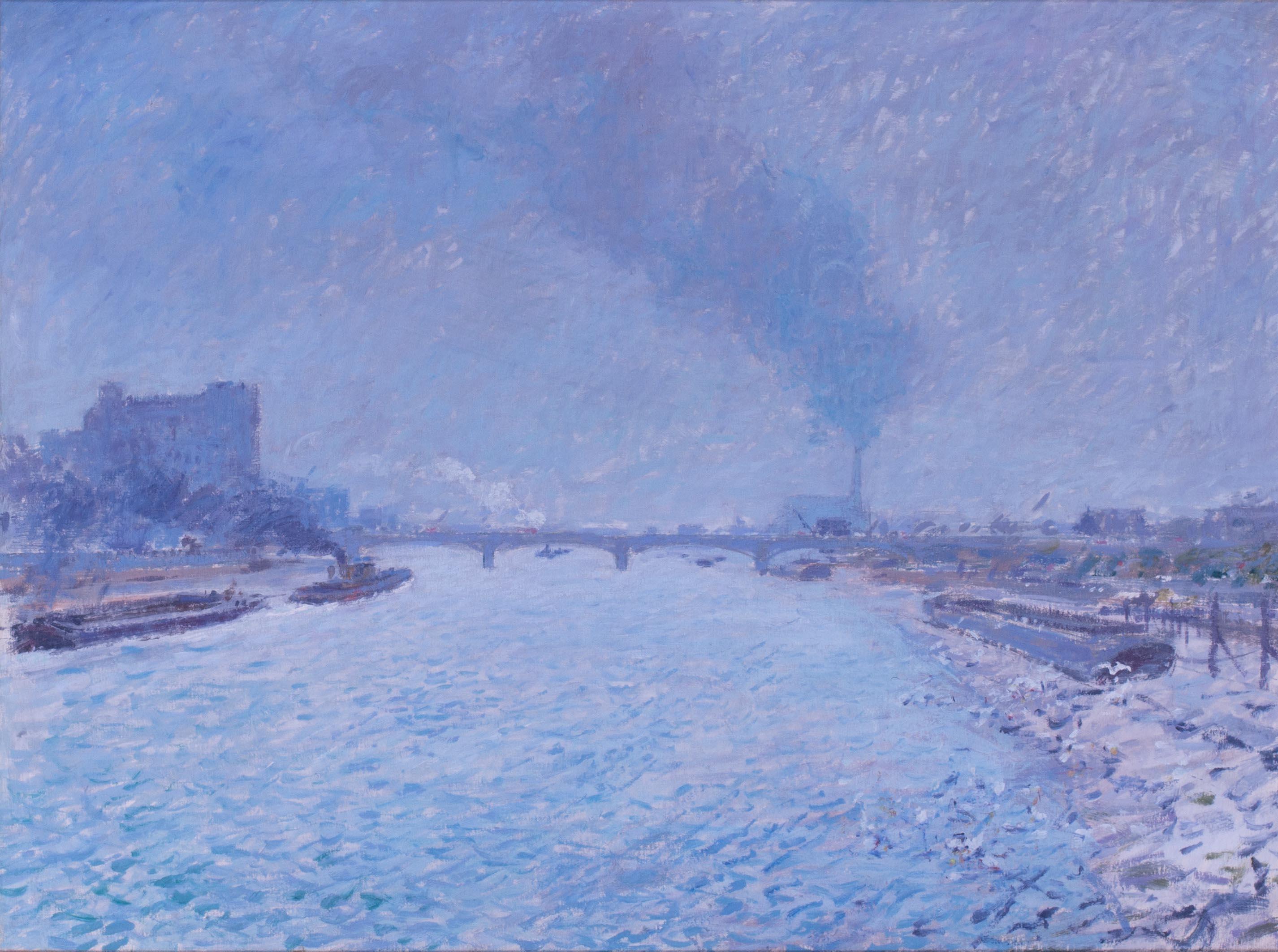 20th Century British Impressionist painting of the Thames, London, in blue tones - Painting by Derick Mynott 