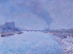 20th Century British Impressionist painting of the Thames, London, in blue tones