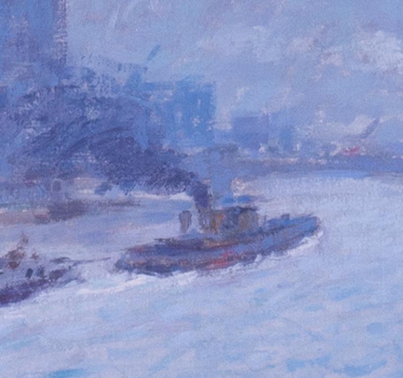 Britisches impressionistisches Gemälde der Themse des 20. Jahrhunderts, London, in blauen Tönen (Impressionismus), Painting, von Derick Mynott 