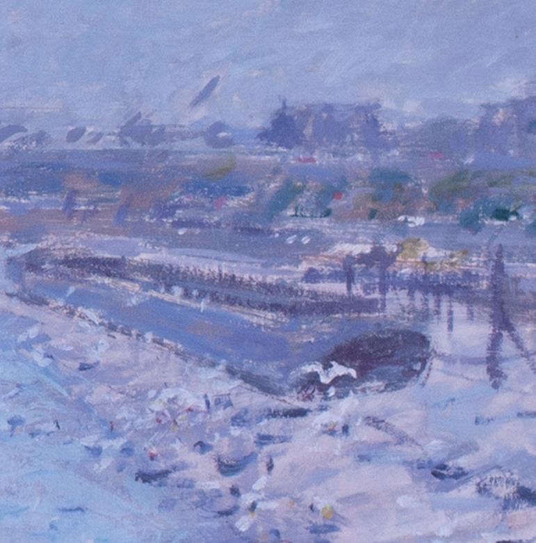 Britisches impressionistisches Gemälde der Themse des 20. Jahrhunderts, London, in blauen Tönen (Grau), Landscape Painting, von Derick Mynott 