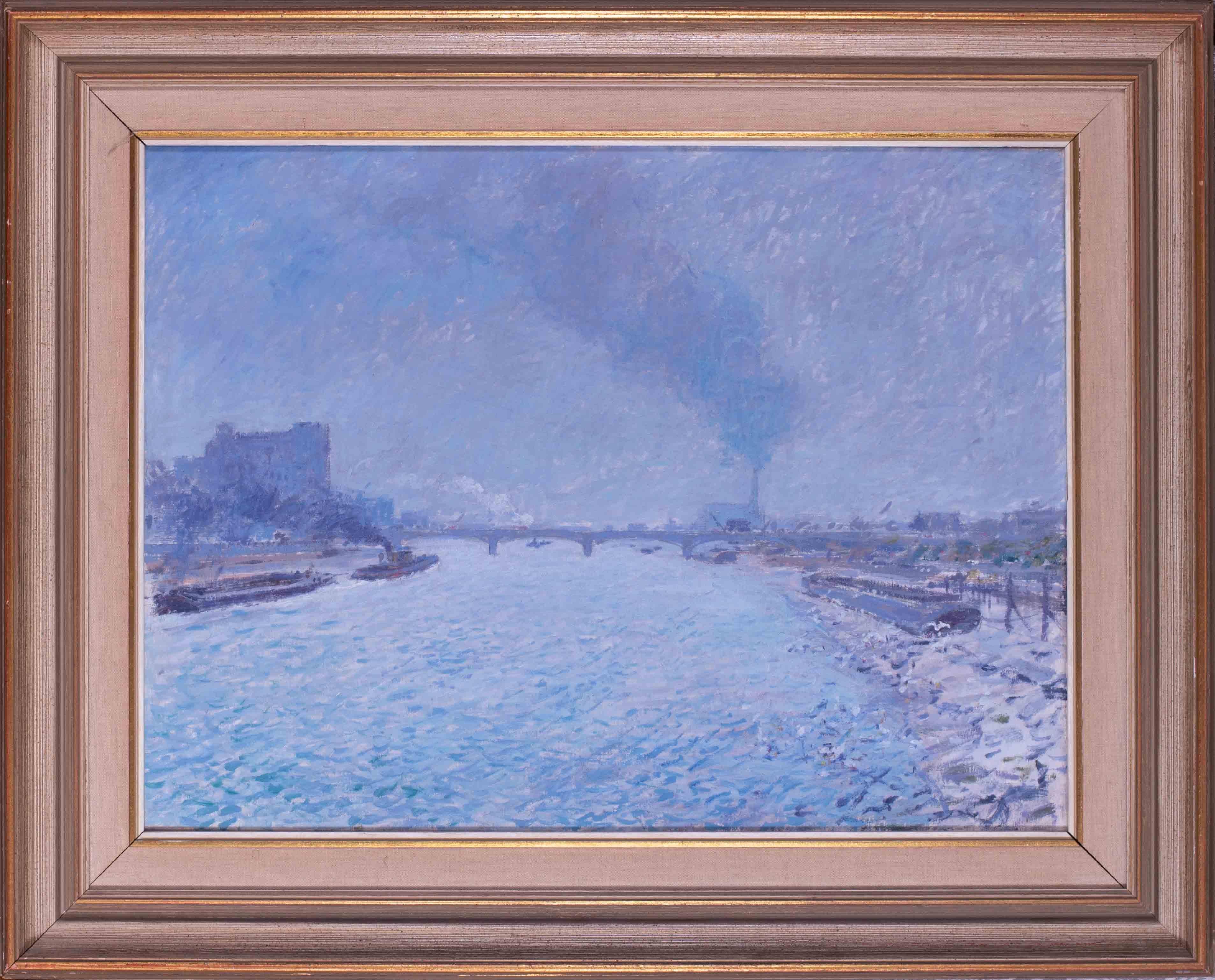 Derick Mynott  Landscape Painting - 20th Century British Impressionist painting of the Thames, London, in blue tones