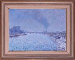 20th Century British Impressionist painting of the Thames, London, in blue tones