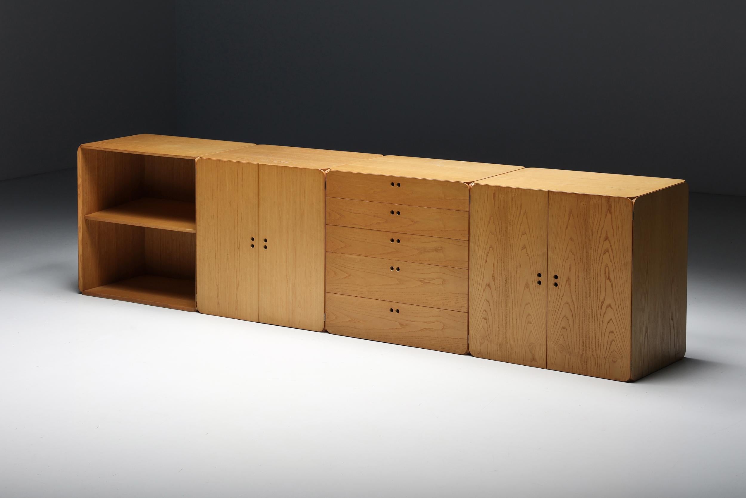 Derk Jan de Vries; modular; wood; wall unit; bookcase; wall piece; 1980s; dutch design; storage; storing.

Modular wooden storage wall unit by Dutch designer Derk Jan de Vries, created in the 1980s. This modular storing unit consists of four