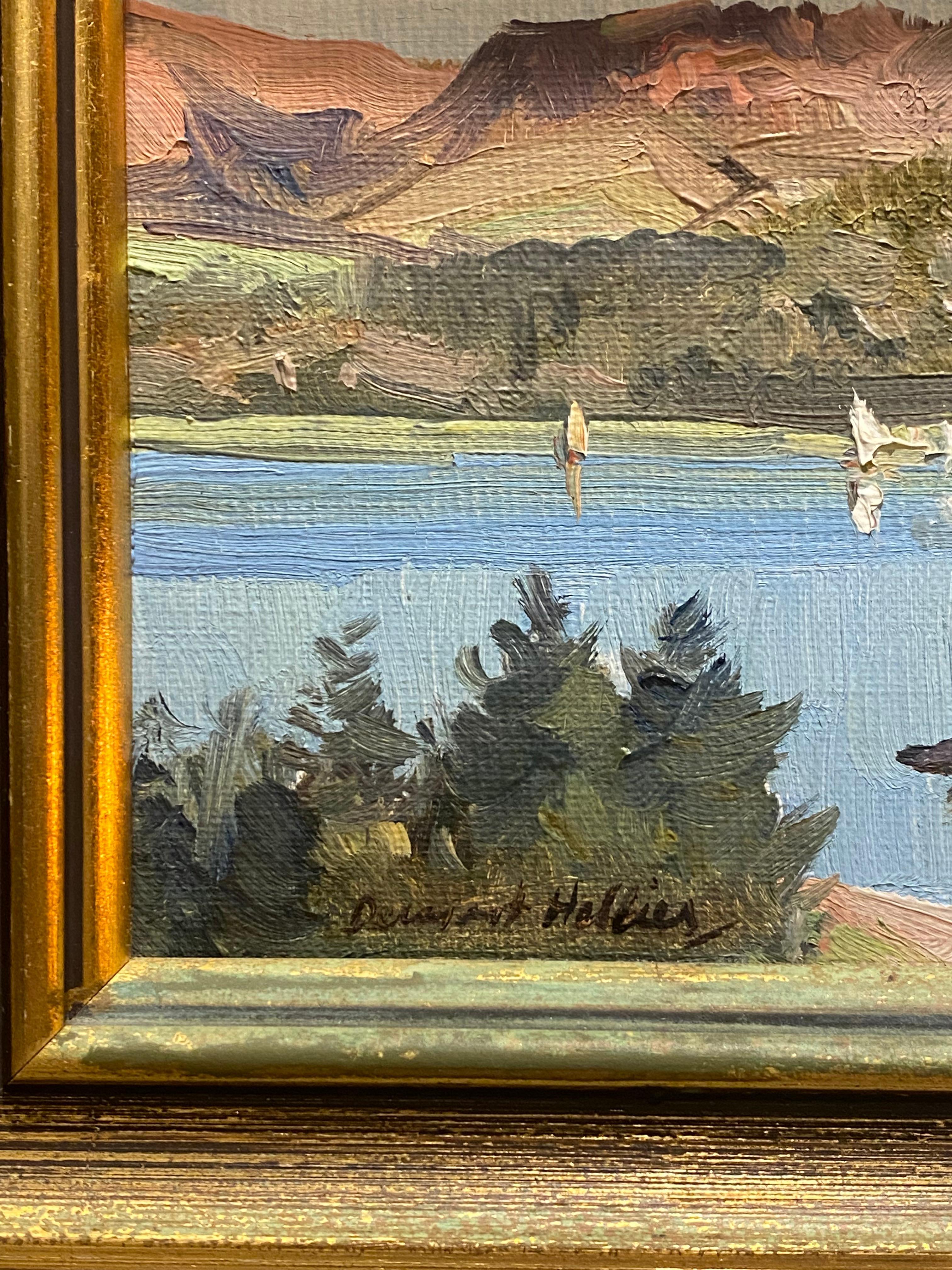 Dermont Hellier (australiano 1916-2006) Óleo sobre lienzo Pintura de lago y montaña en Excelente estado para la venta en MELBOURNE, AU