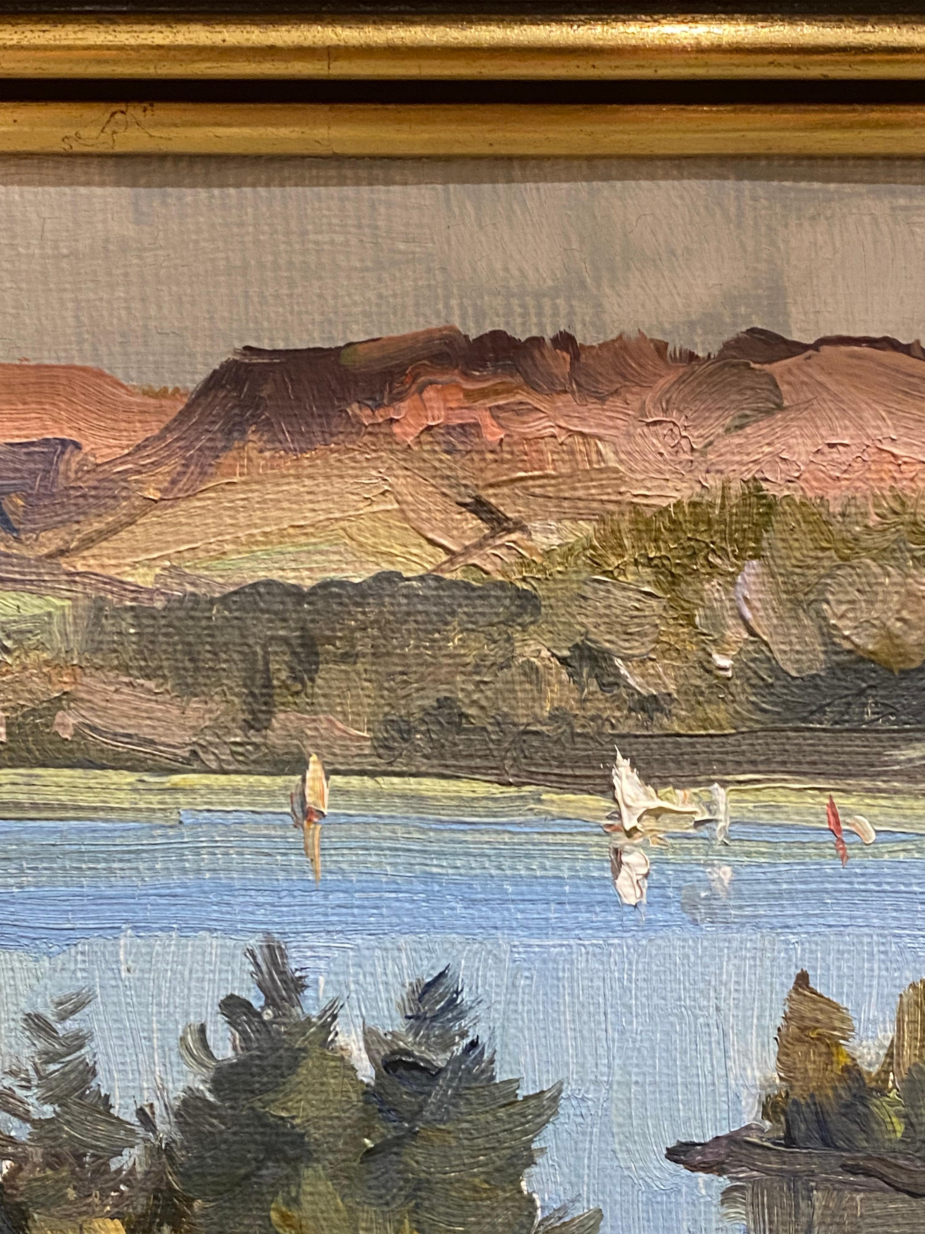 Femenino o masculino Dermont Hellier (australiano 1916-2006) Óleo sobre lienzo Pintura de lago y montaña en venta