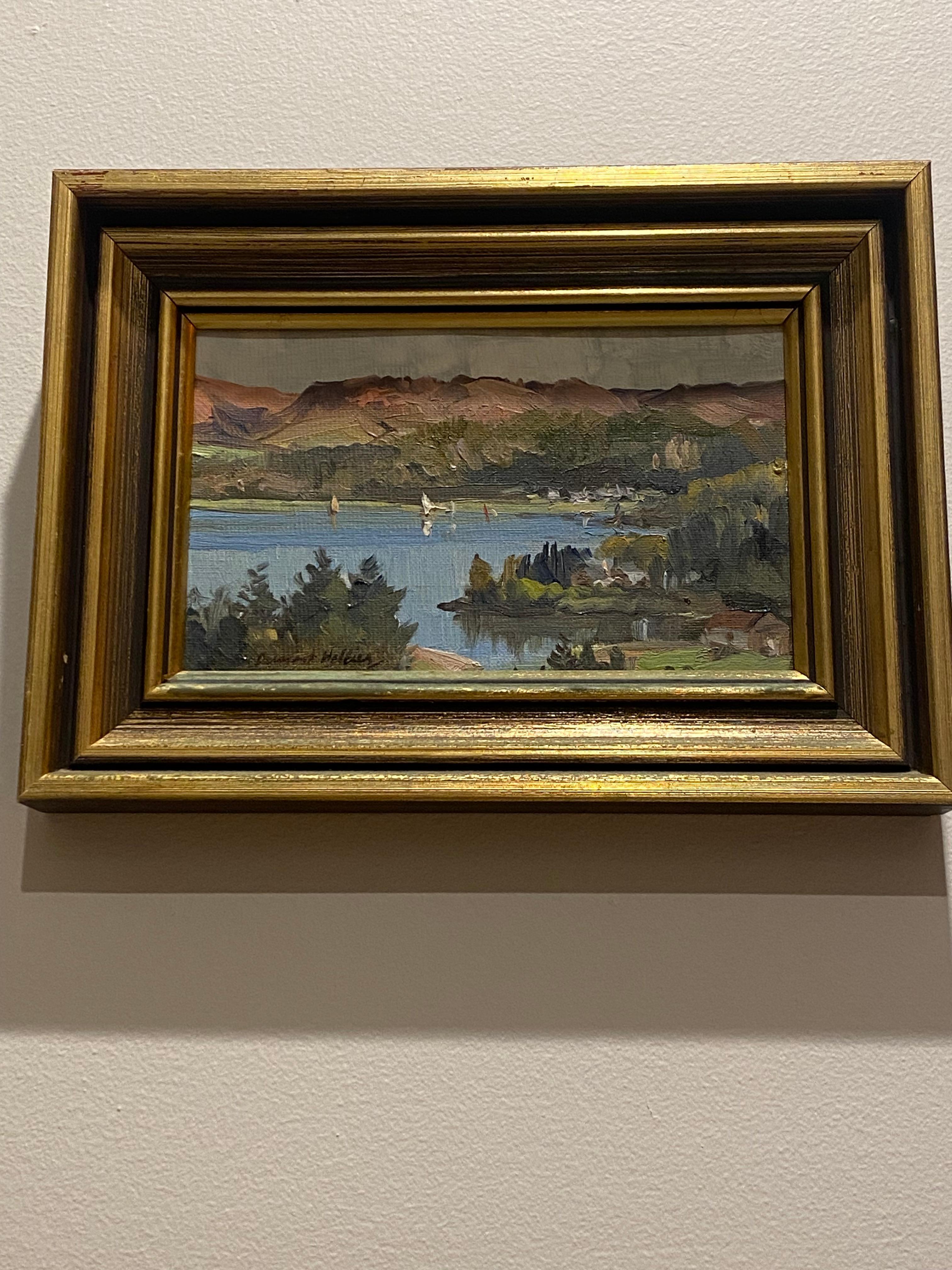 Dermont Hellier (australiano 1916-2006) Óleo sobre lienzo Pintura de lago y montaña en venta 1