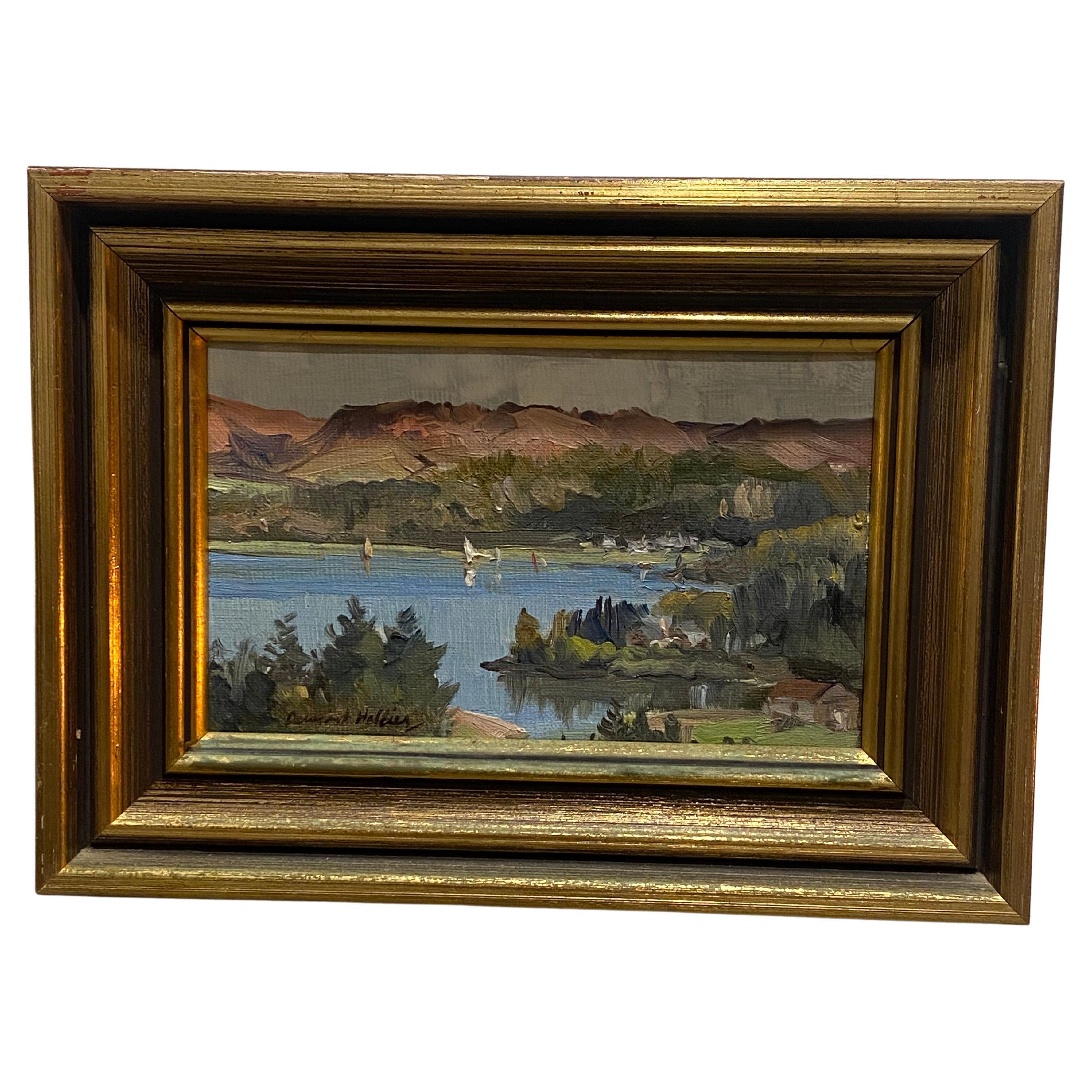 Dermont Hellier (australiano 1916-2006) Óleo sobre lienzo Pintura de lago y montaña en venta