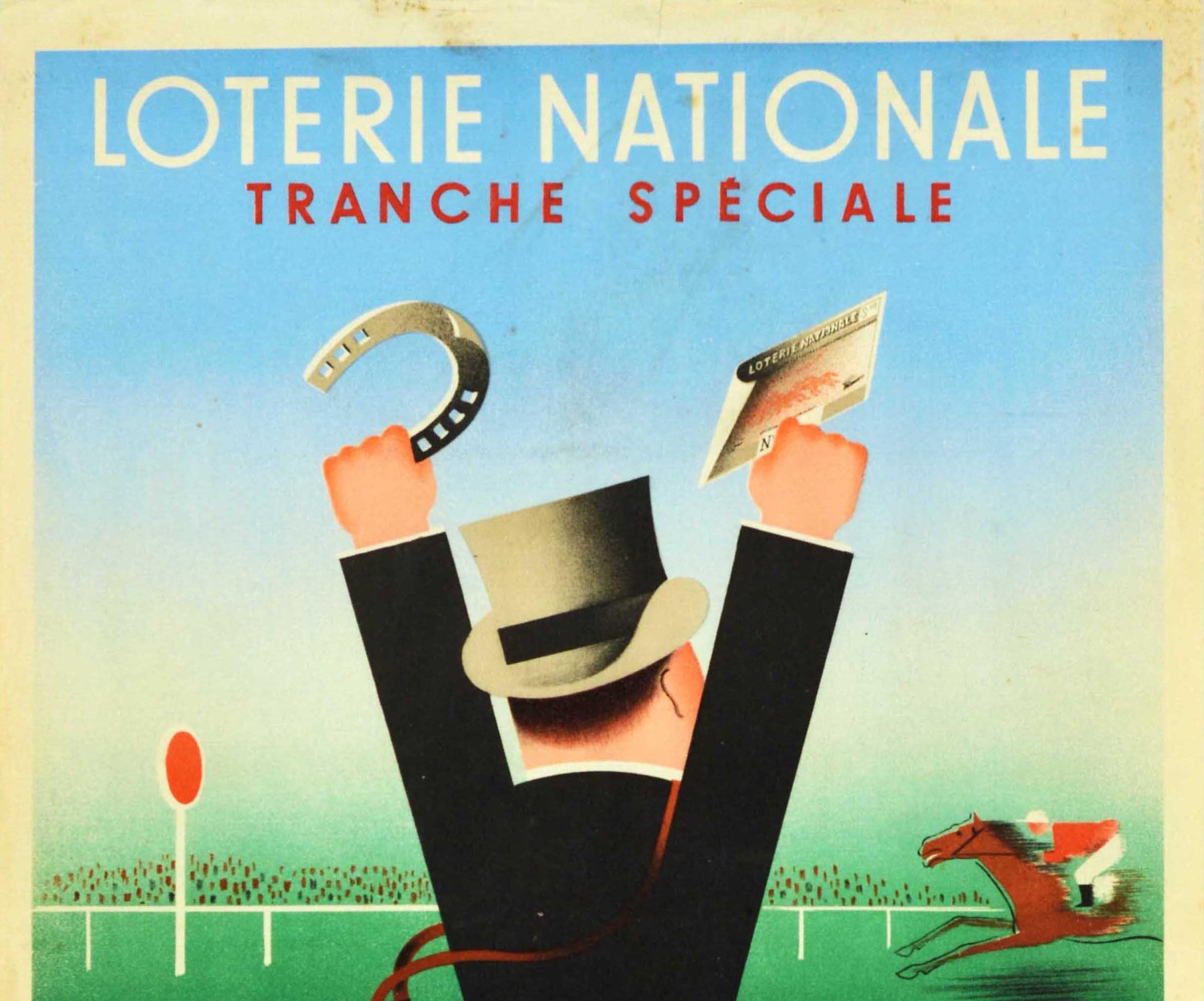 Original Vintage Poster Loterie Nationale Grand Prix Horse Racing Luck Horseshoe - Print by Derouet Grilleres