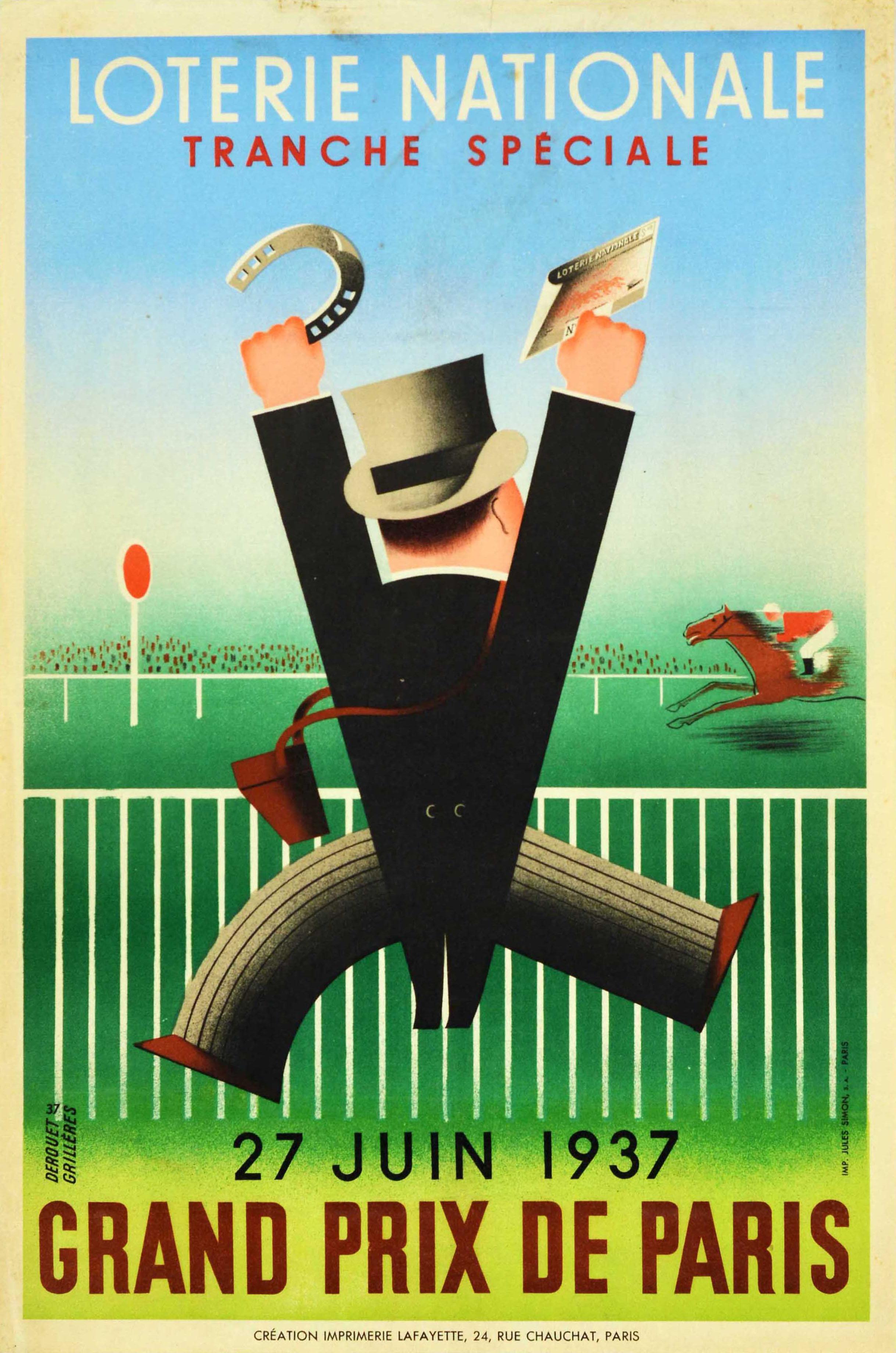 Derouet Grilleres Print - Original Vintage Poster Loterie Nationale Grand Prix Horse Racing Luck Horseshoe