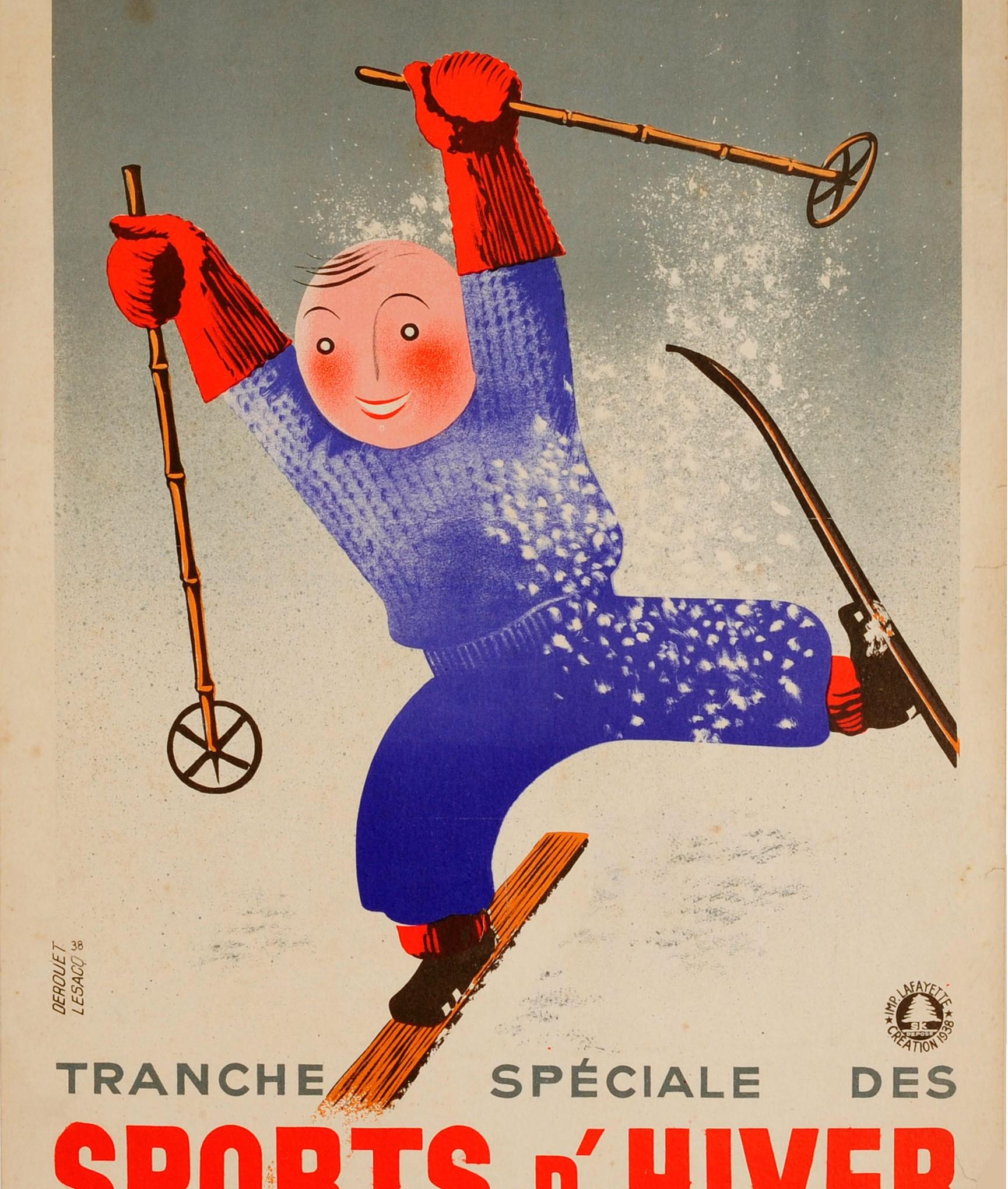 Cartel publicitario original de época para el tramo de deportes de invierno de la Lotería Nacional francesa - Loterie Nationale Sports d'Hiver tranche special des Sports d'Hiver - con un divertido diseño de Edgar Derouet (1910-2001) y Charles Lesacq