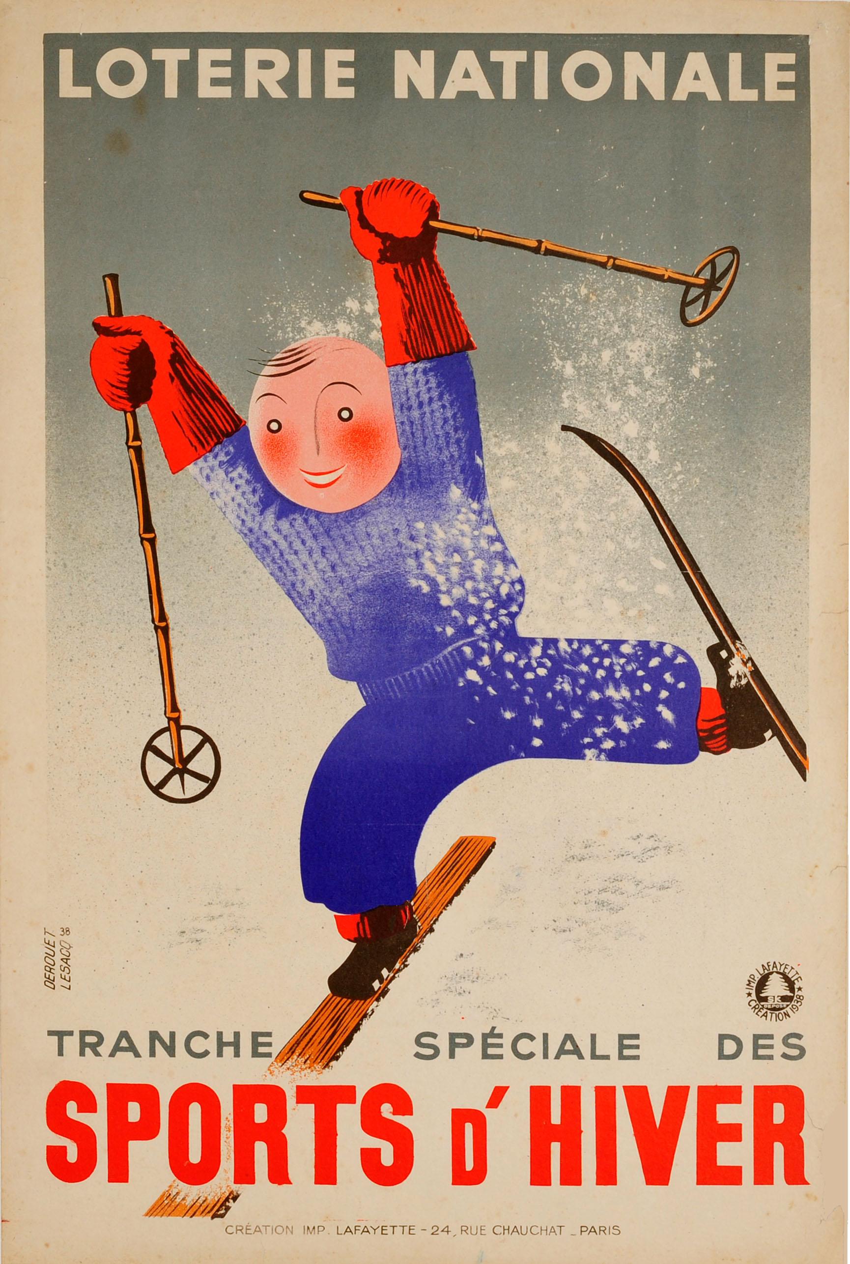 Derouet Lesacq Print - Original Vintage Lottery Poster Loterie Nationale Winter Sports d'Hiver Skiing